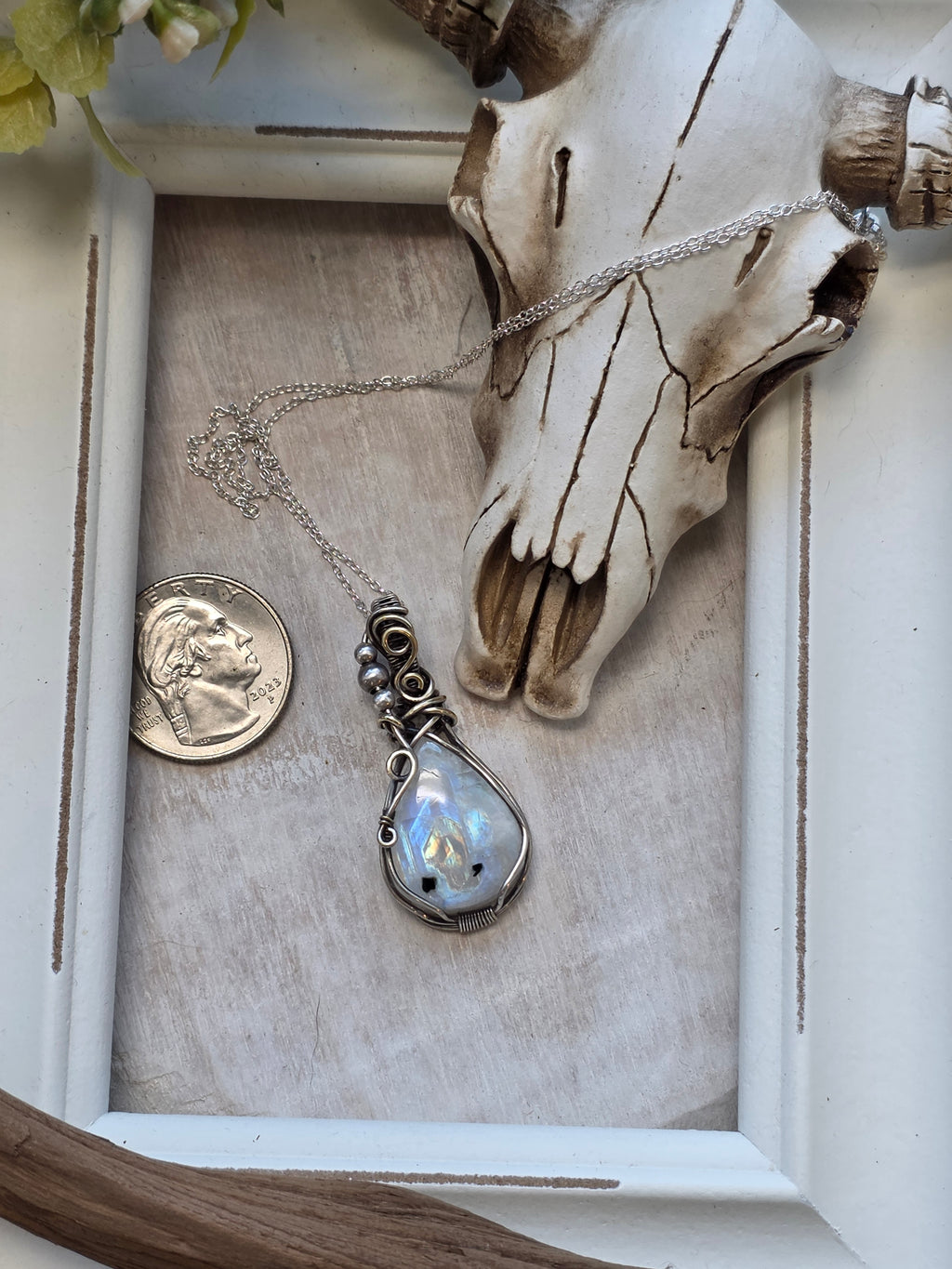 Rainbow Moonstone Wrapped in Silver