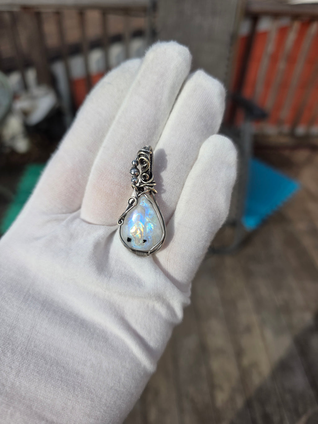 Rainbow Moonstone Wrapped in Silver