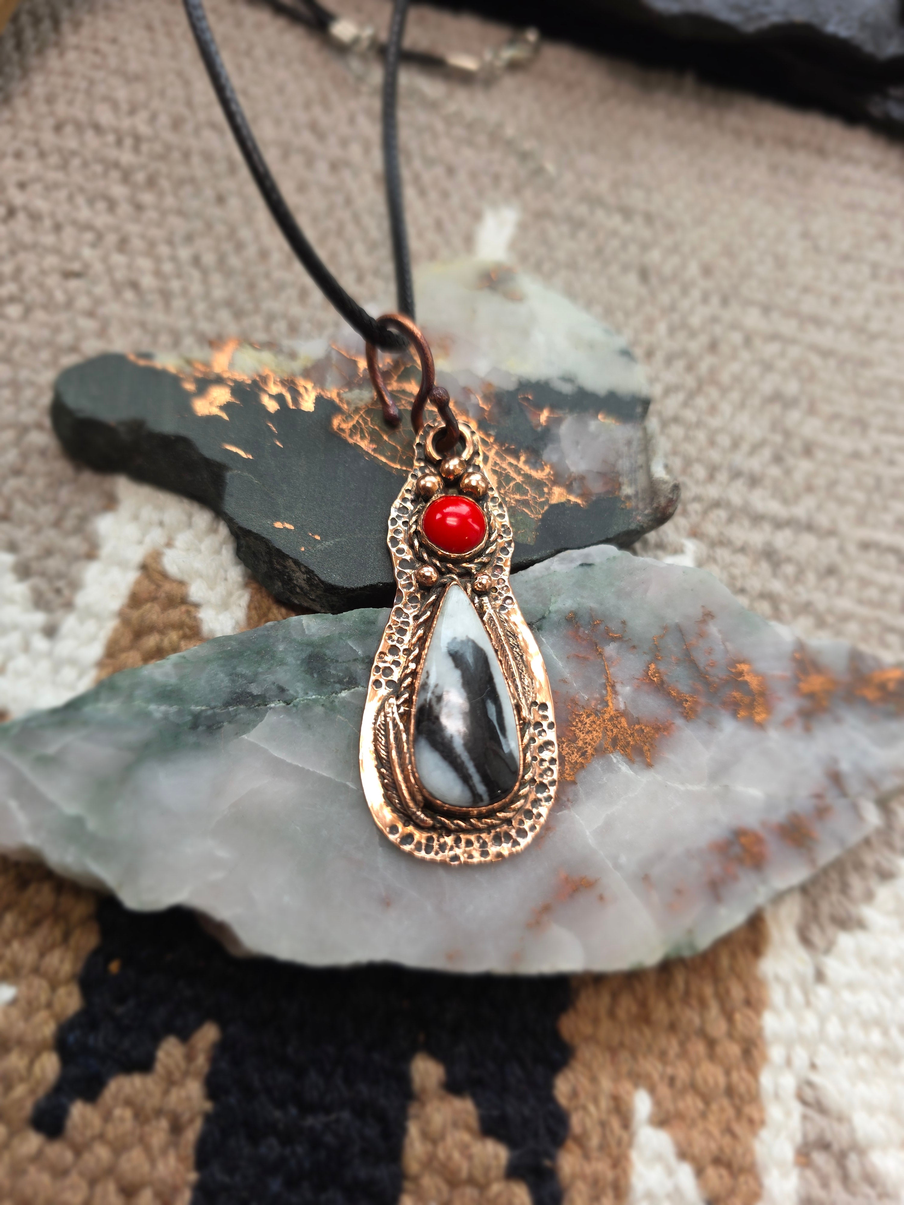 White Buffalo and Coral Pendant
