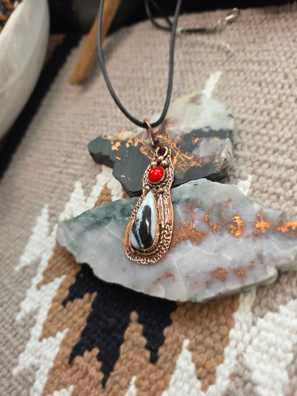 White Buffalo and Coral Pendant