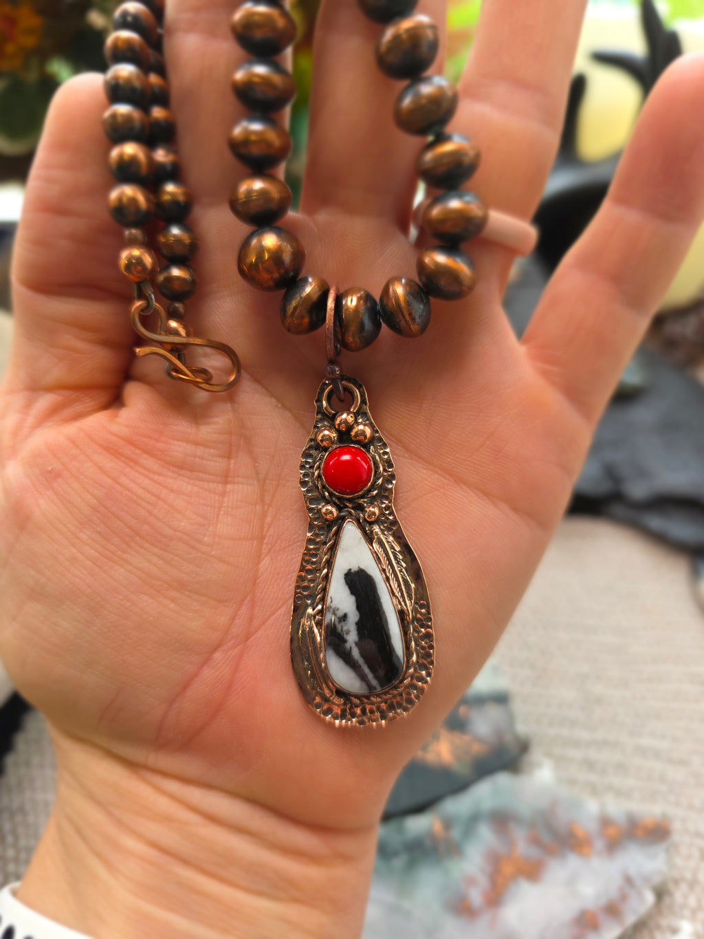 White Buffalo and Coral Pendant