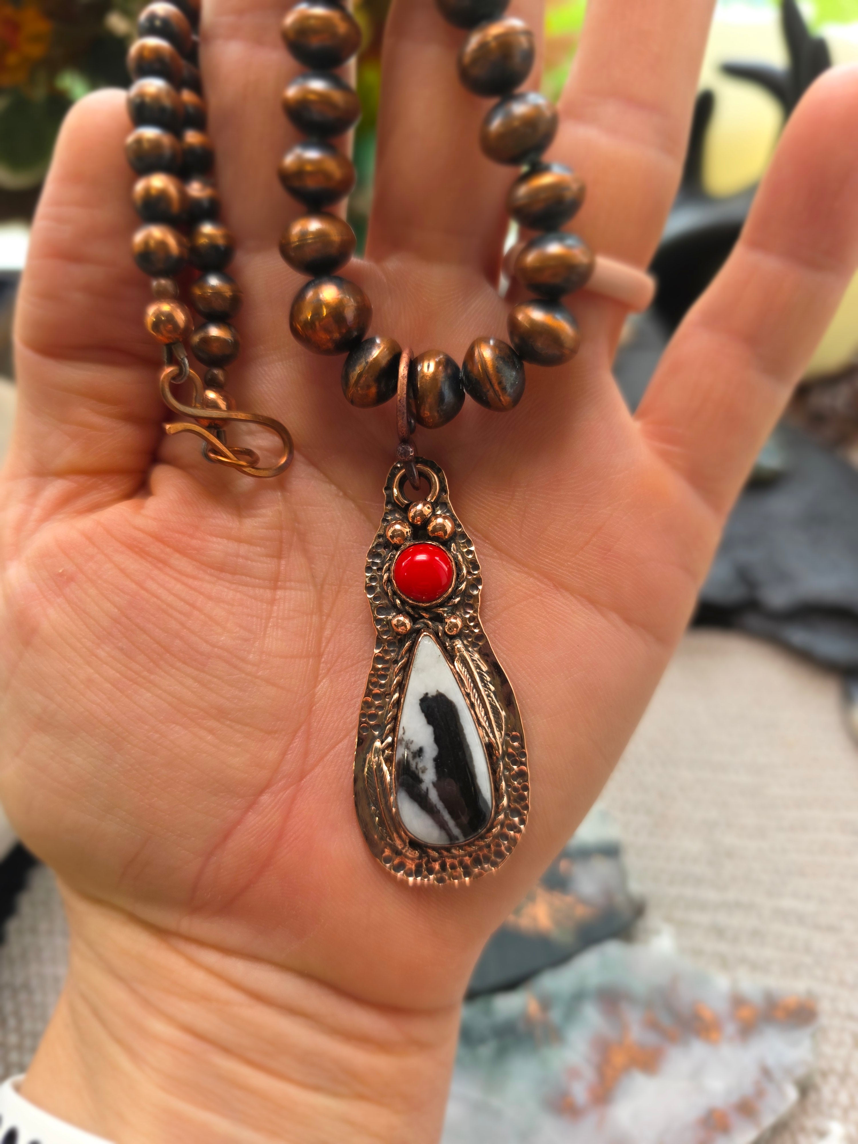 White Buffalo and Coral Pendant