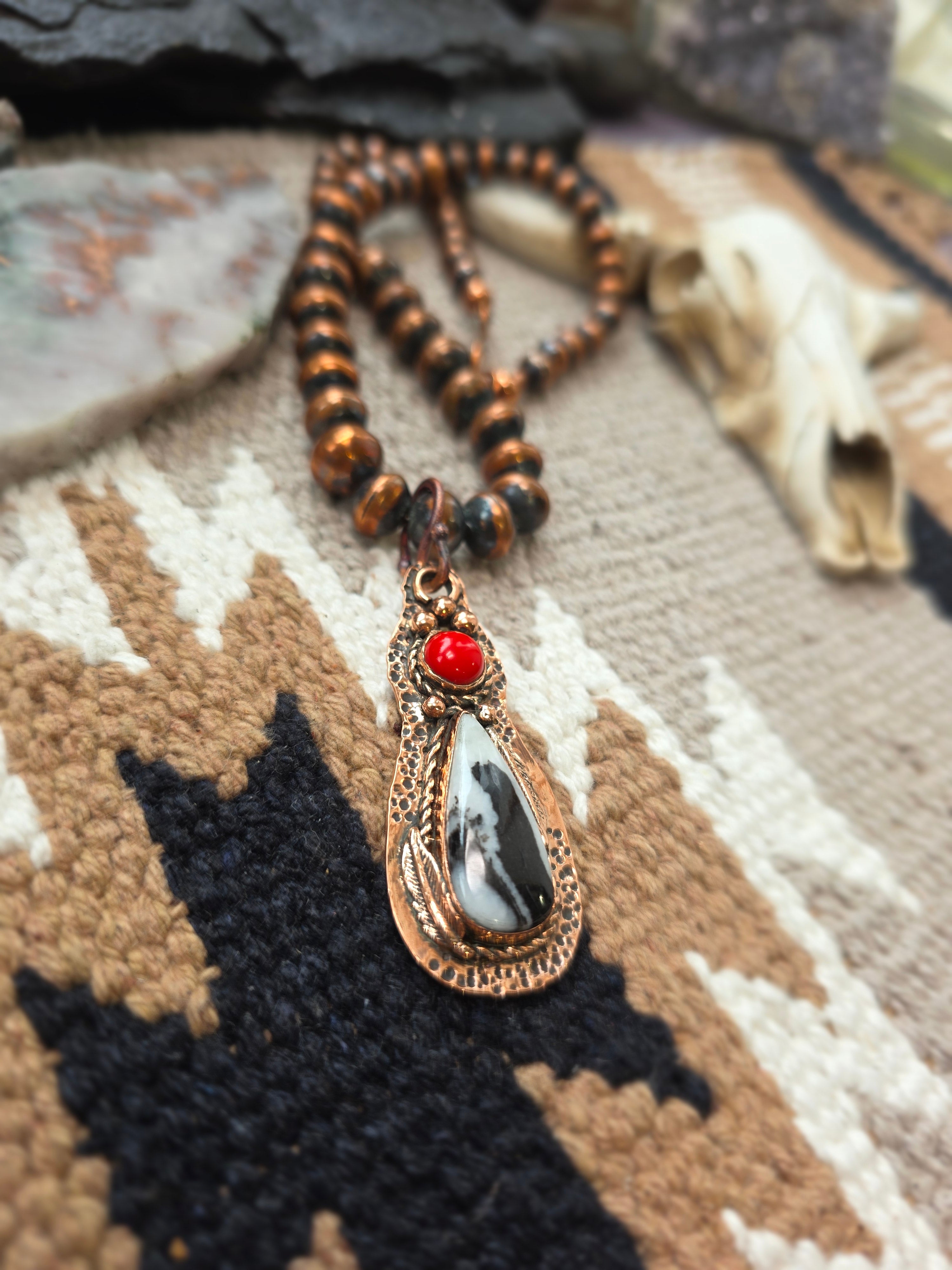 White Buffalo and Coral Pendant