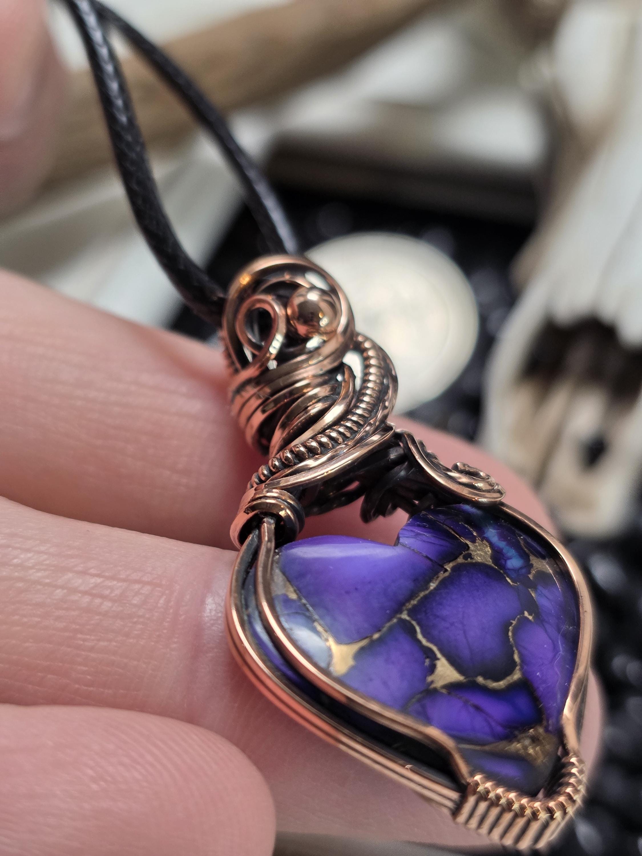 Purple Copper Heart Pendant, Copper Wire Wrapped Necklace, Boho Jewelry