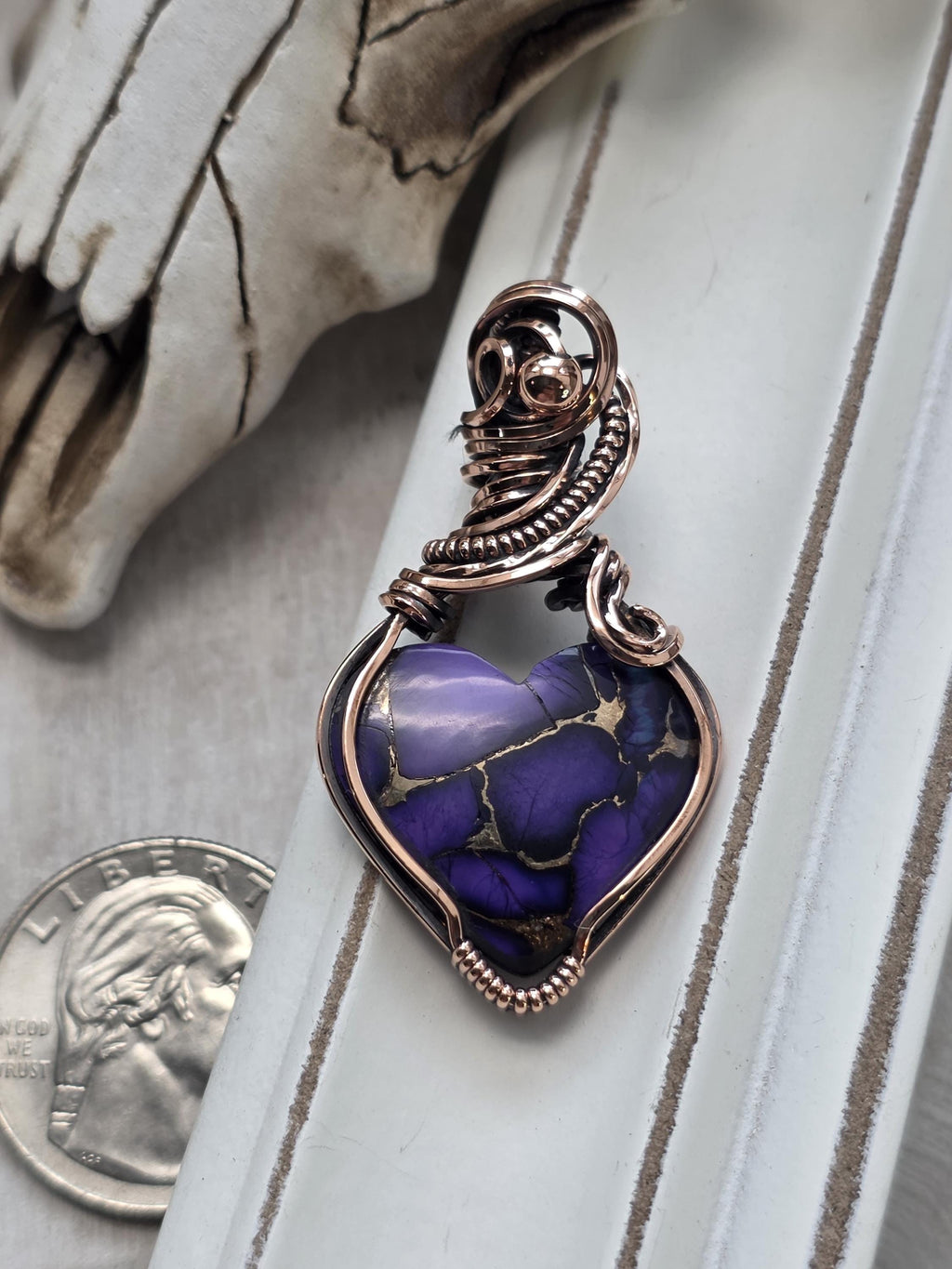 Purple Copper Heart Pendant, Copper Wire Wrapped Necklace, Boho Jewelry