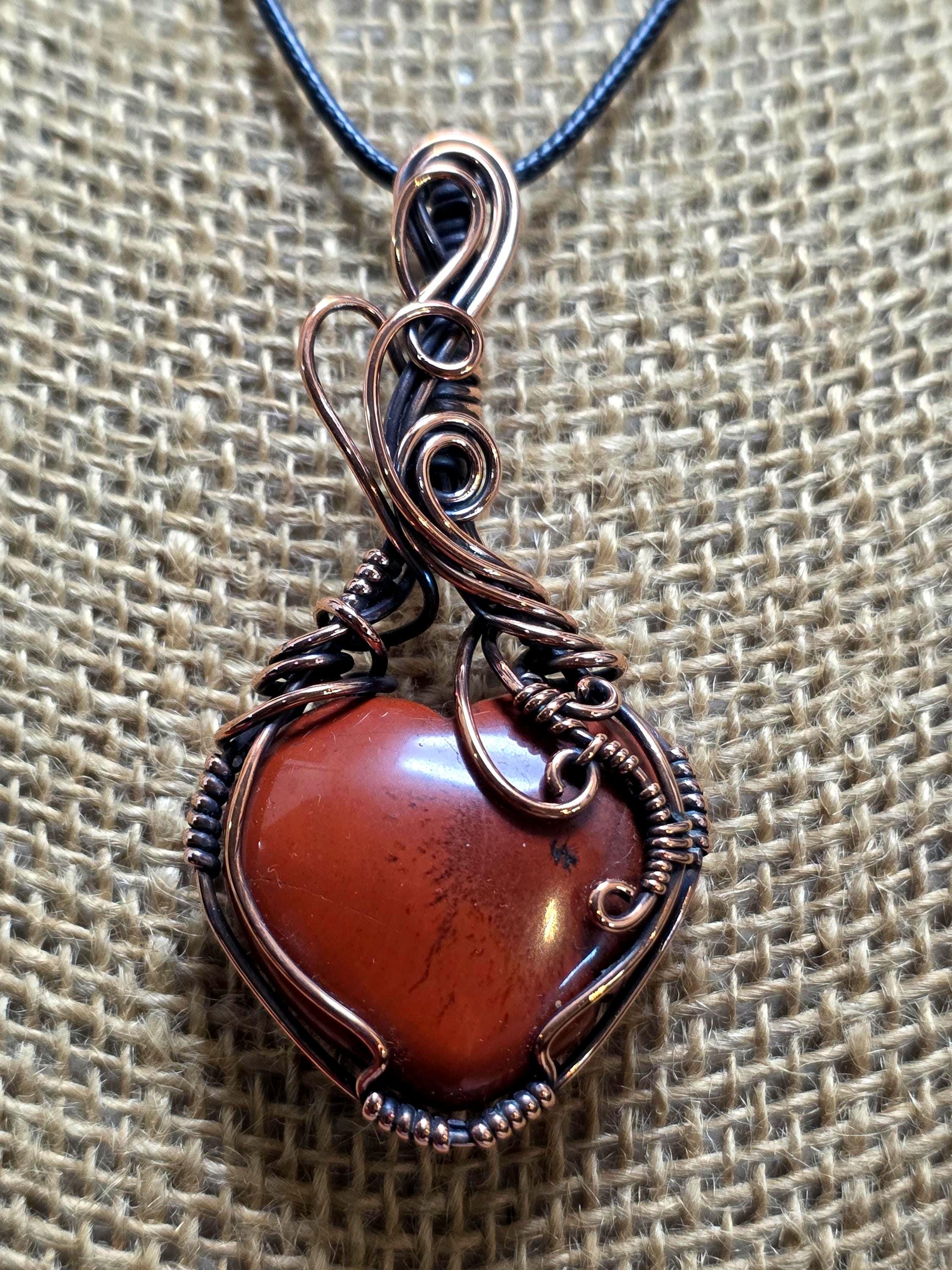 Red Jasper Heart Pendant – Handmade Copper Wire Wrapped Necklace