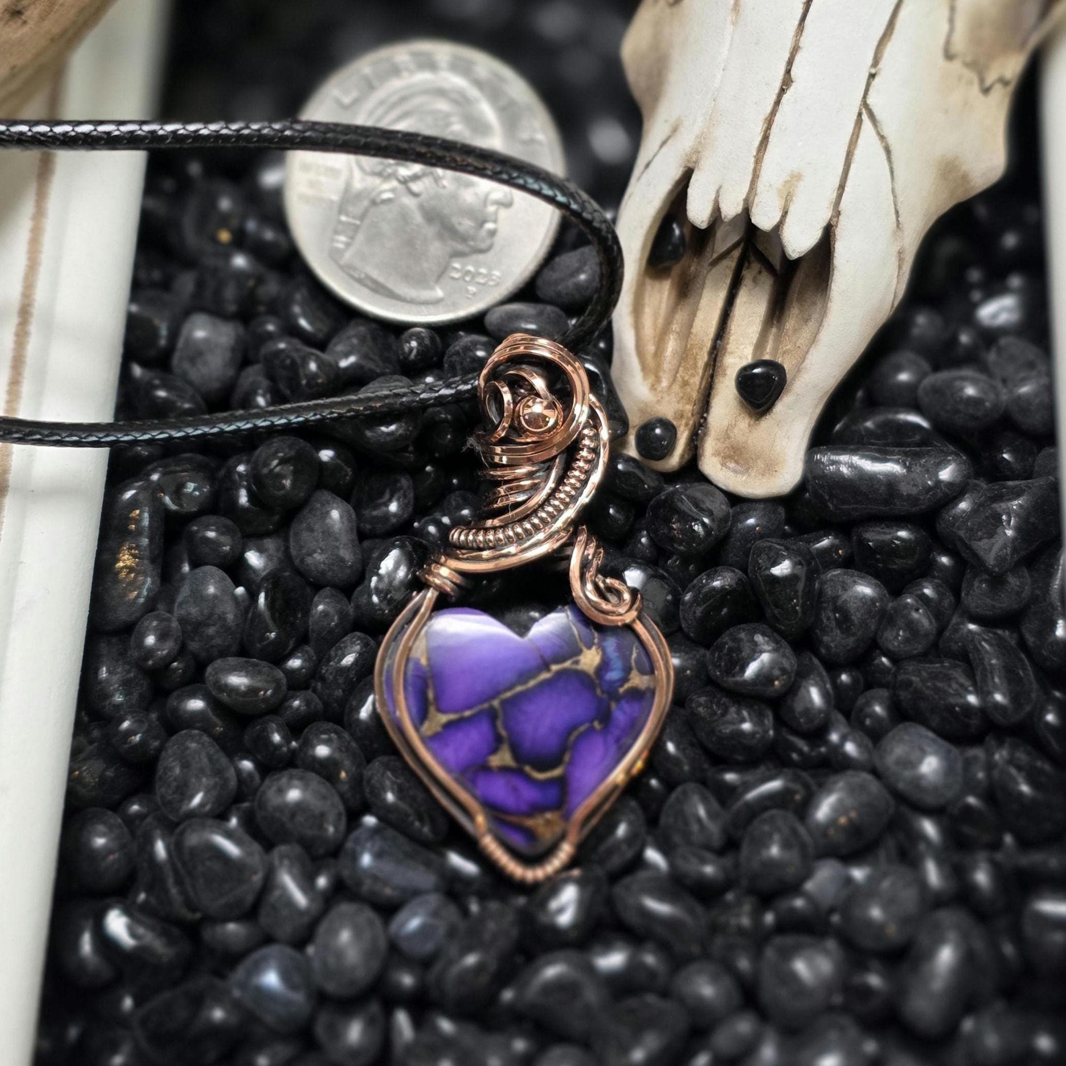 Purple Copper Heart Pendant, Copper Wire Wrapped Necklace, Boho Jewelry