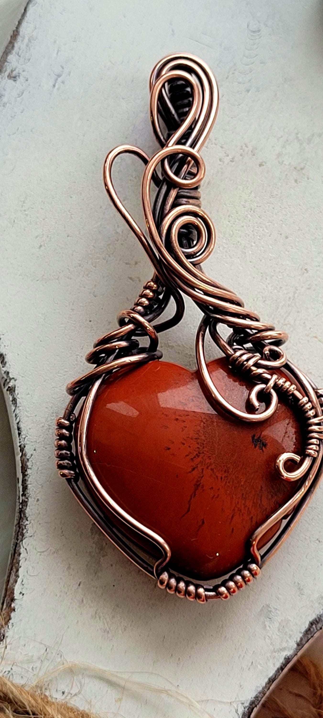 Red Jasper Heart Pendant – Handmade Copper Wire Wrapped Necklace