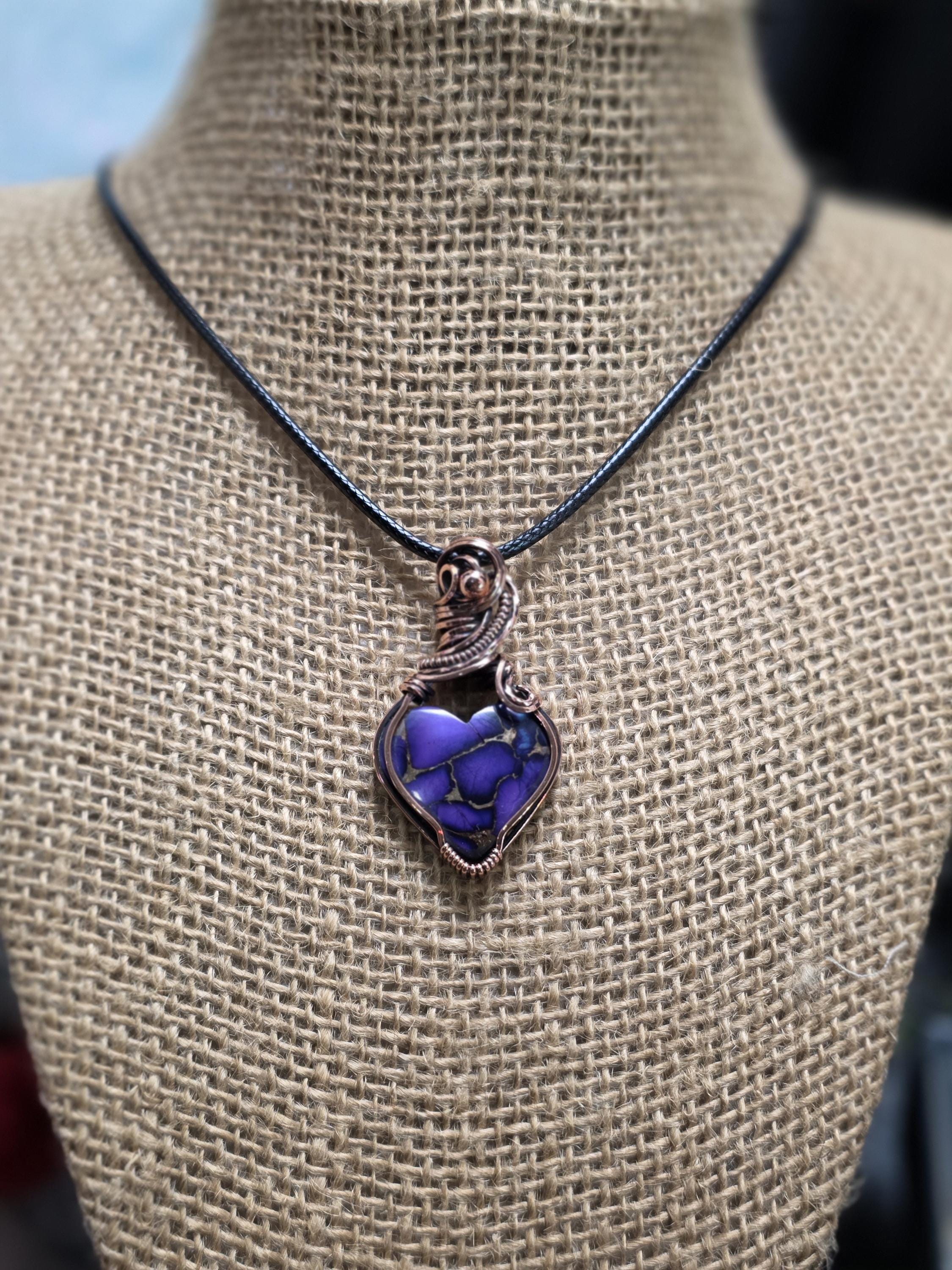 Purple Copper Heart Pendant, Copper Wire Wrapped Necklace, Boho Jewelry