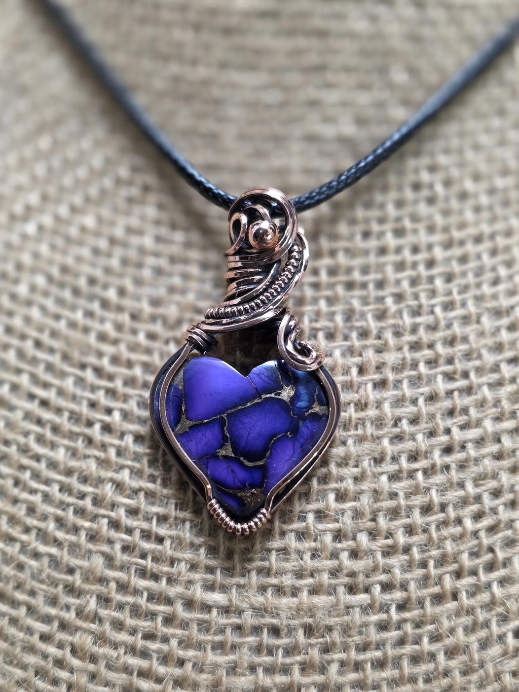 Purple Copper Heart Pendant, Copper Wire Wrapped Necklace, Boho Jewelry