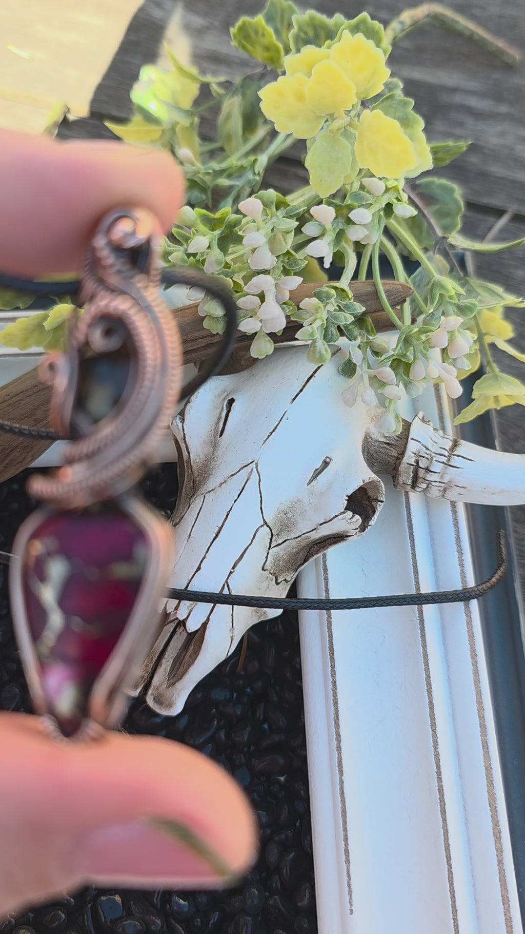 Pietersite & Rose Dahlia Turquoise Copper Pendant – Handwoven Wire Wrap, One of a Kind