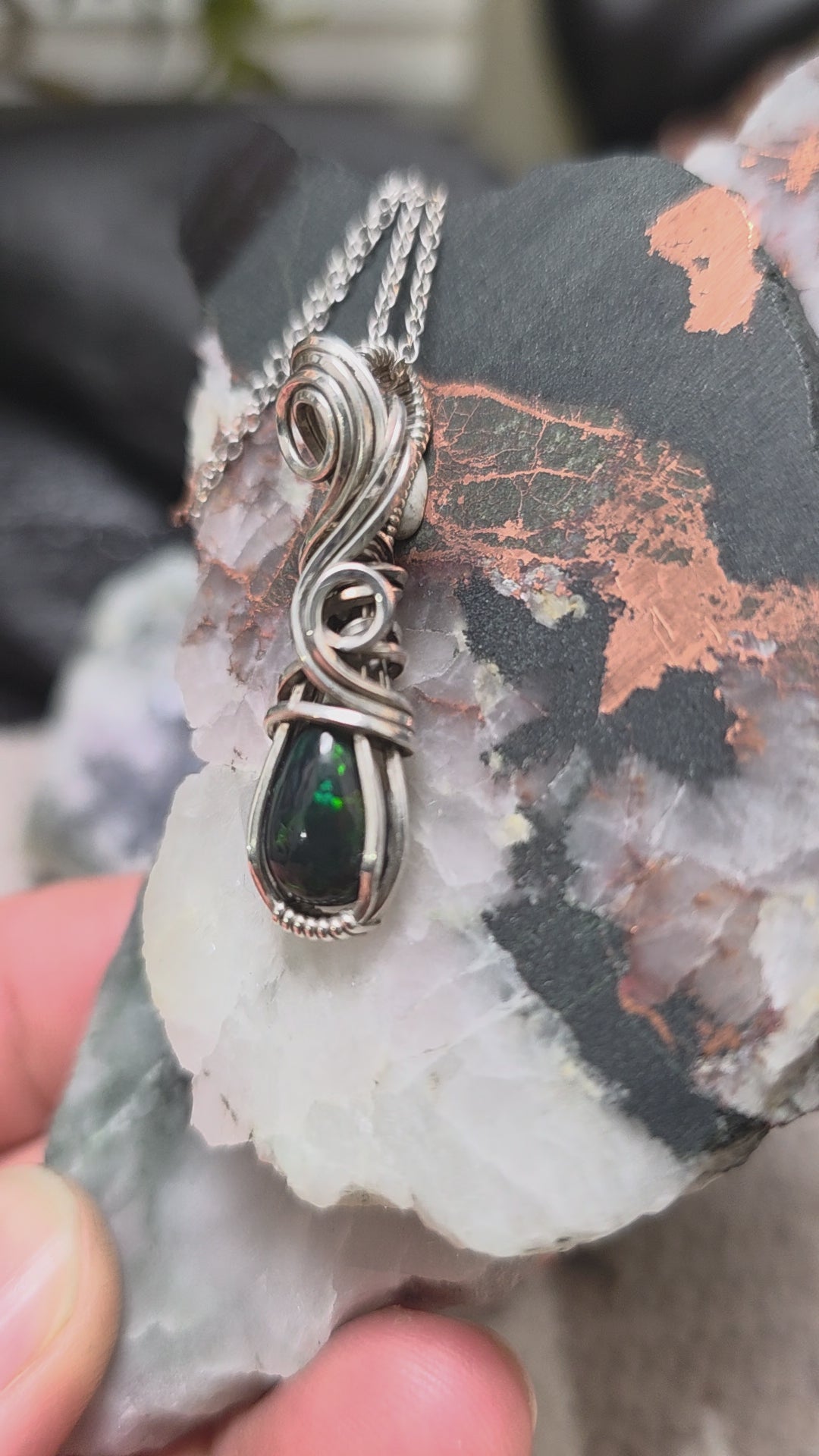 Elven Style Wrapped Black Opal in Sterling Silver