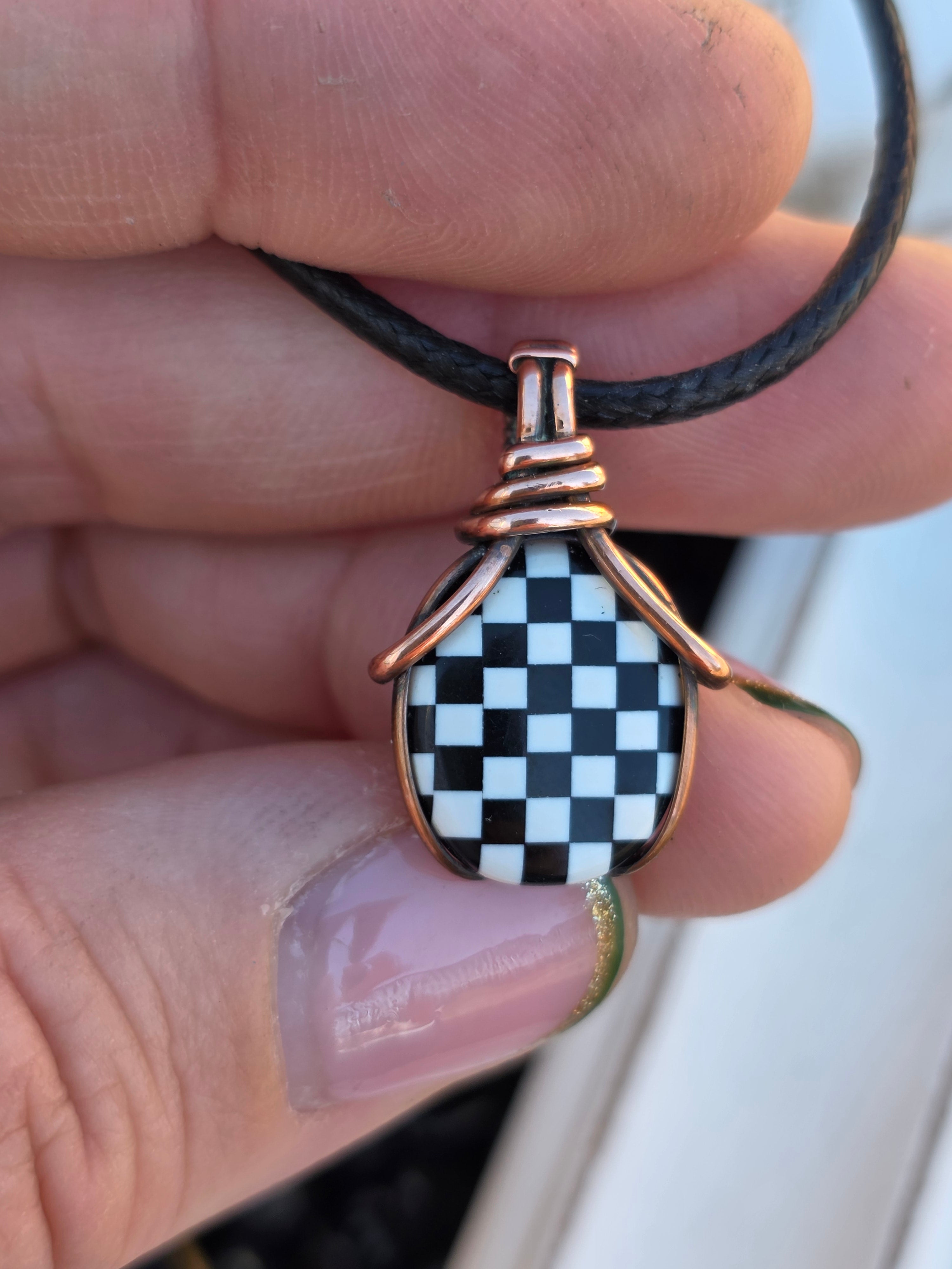 Checkered Onyx and Opal Pendant
