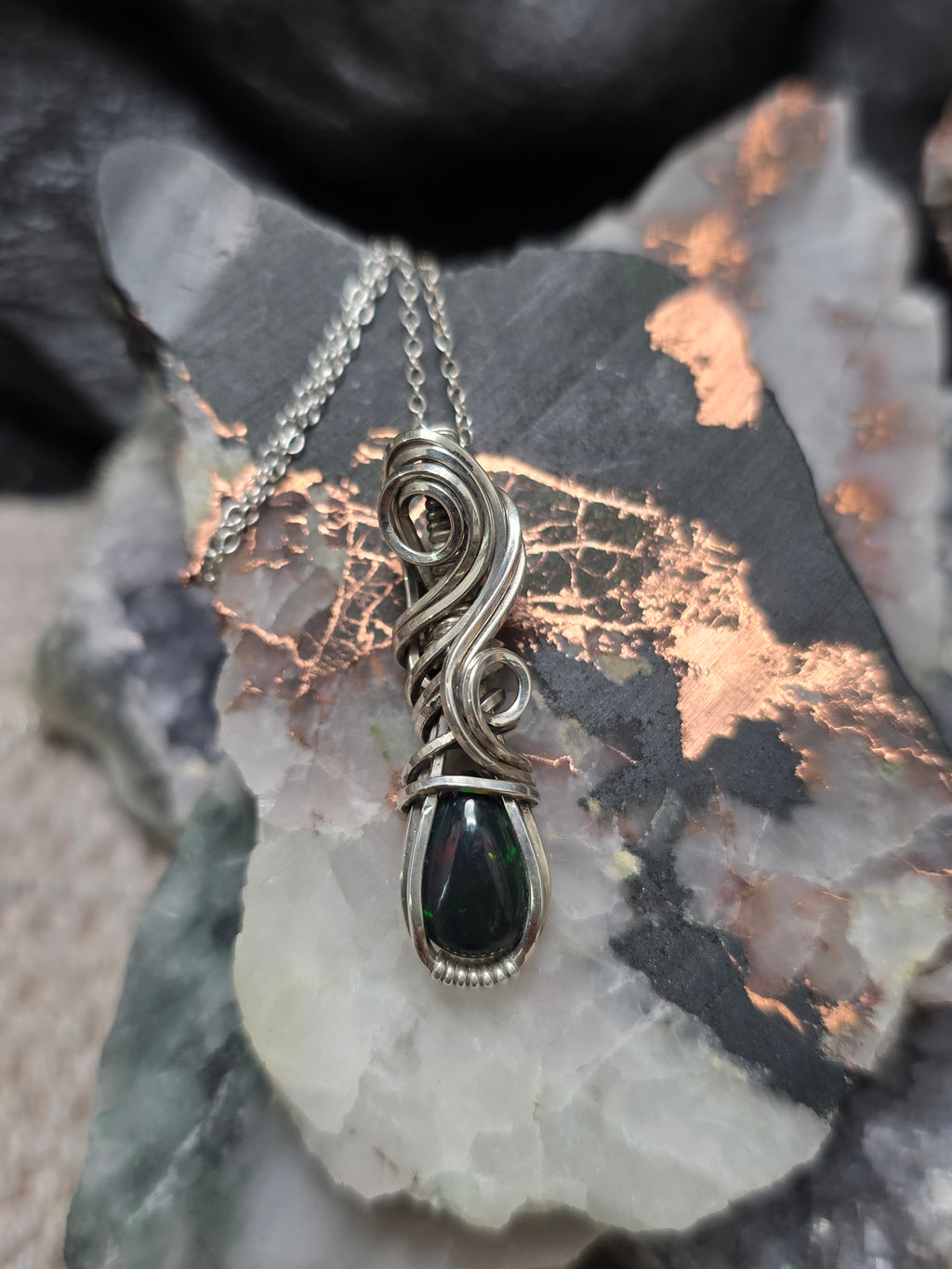 Elven Style Wrapped Black Opal in Sterling Silver