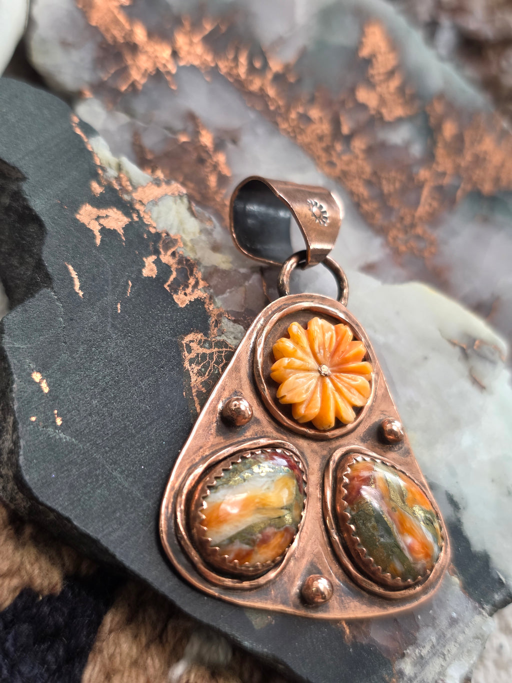 Handmade Copper Spiny Oyster Spinner Pendant | Artisan Signed Southwestern Jewelry