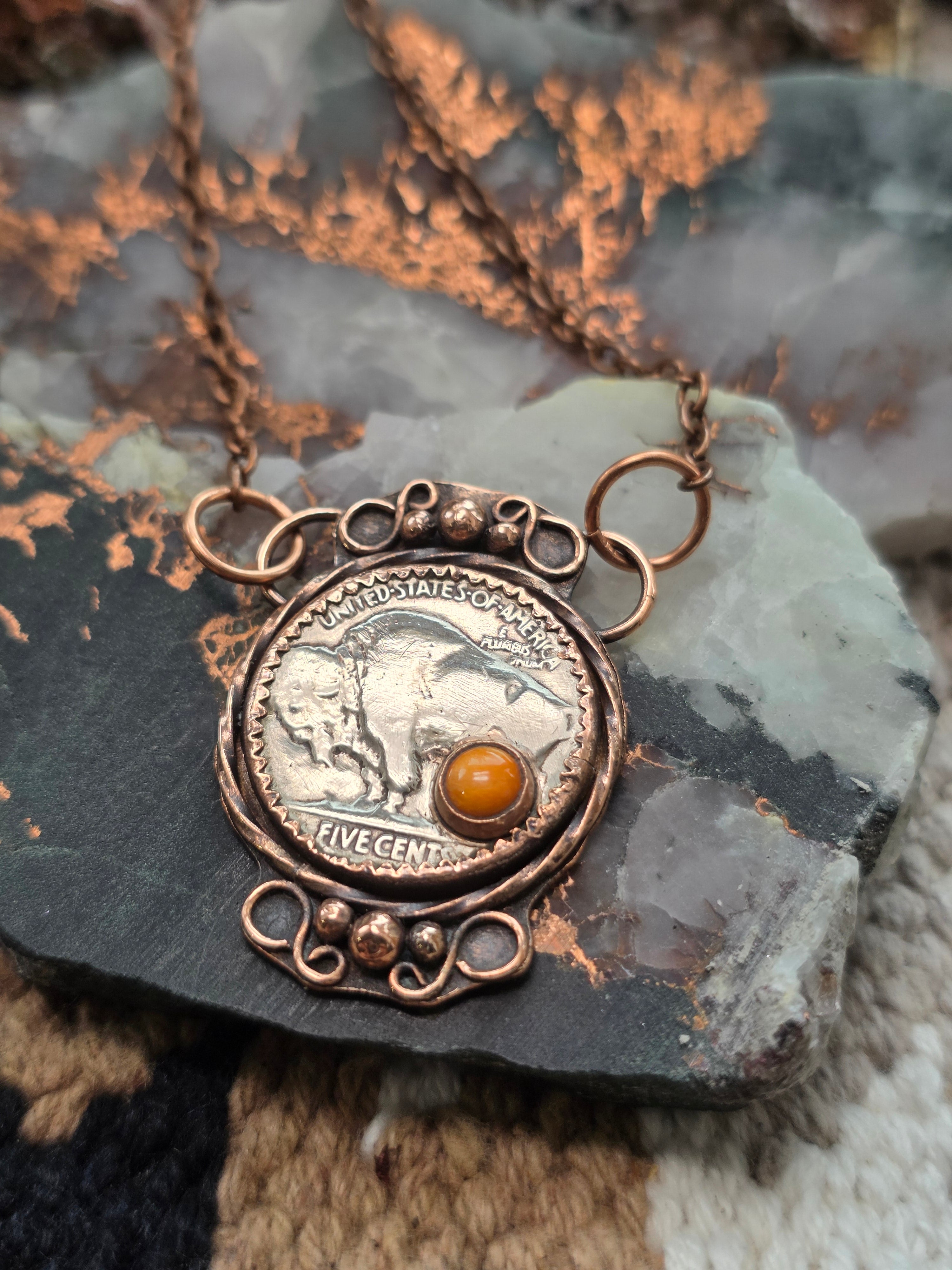 Copper Buffalo Nickel Necklace – Southwest Coin Pendant with Spiny Oyster – 18 Inch