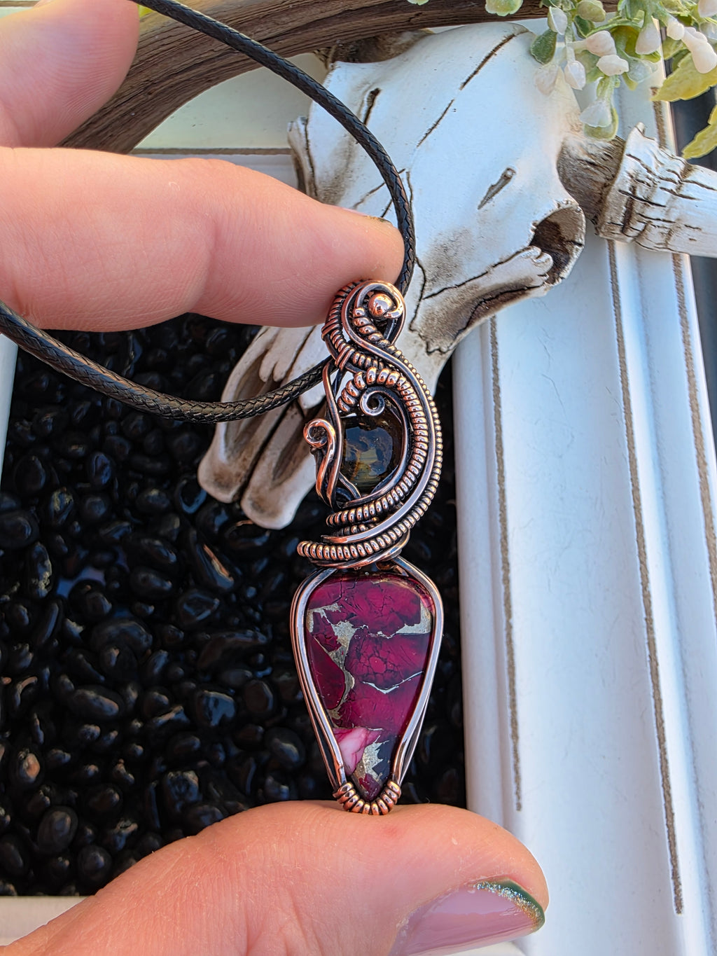 Pietersite & Rose Dahlia Turquoise Copper Pendant – Handwoven Wire Wrap, One of a Kind