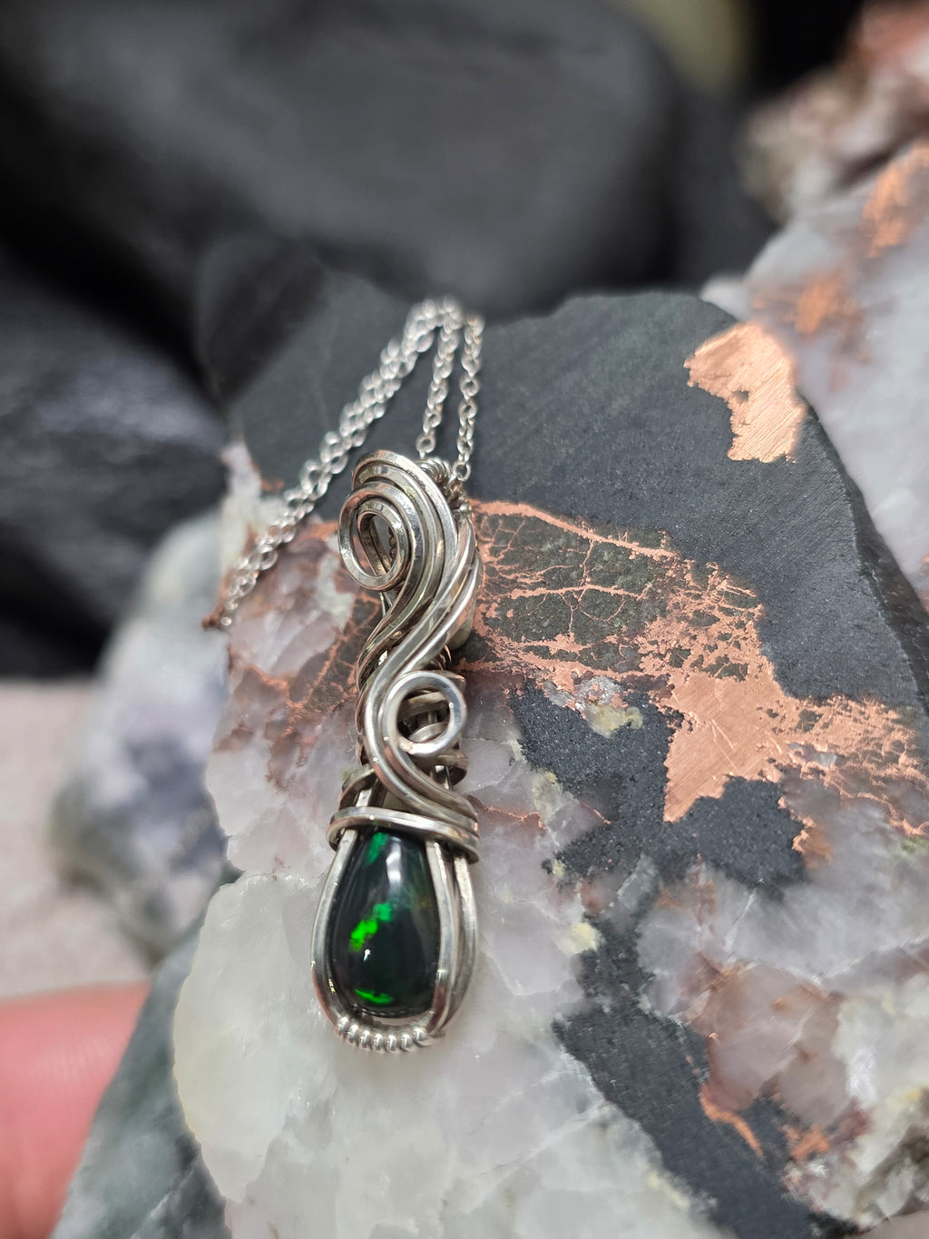 Elven Style Wrapped Black Opal in Sterling Silver