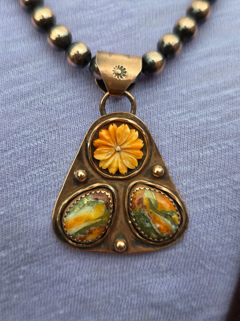 Handmade Copper Spiny Oyster Spinner Pendant | Artisan Signed Southwestern Jewelry