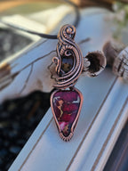Pietersite & Rose Dahlia Turquoise Copper Pendant – Handwoven Wire Wrap, One of a Kind