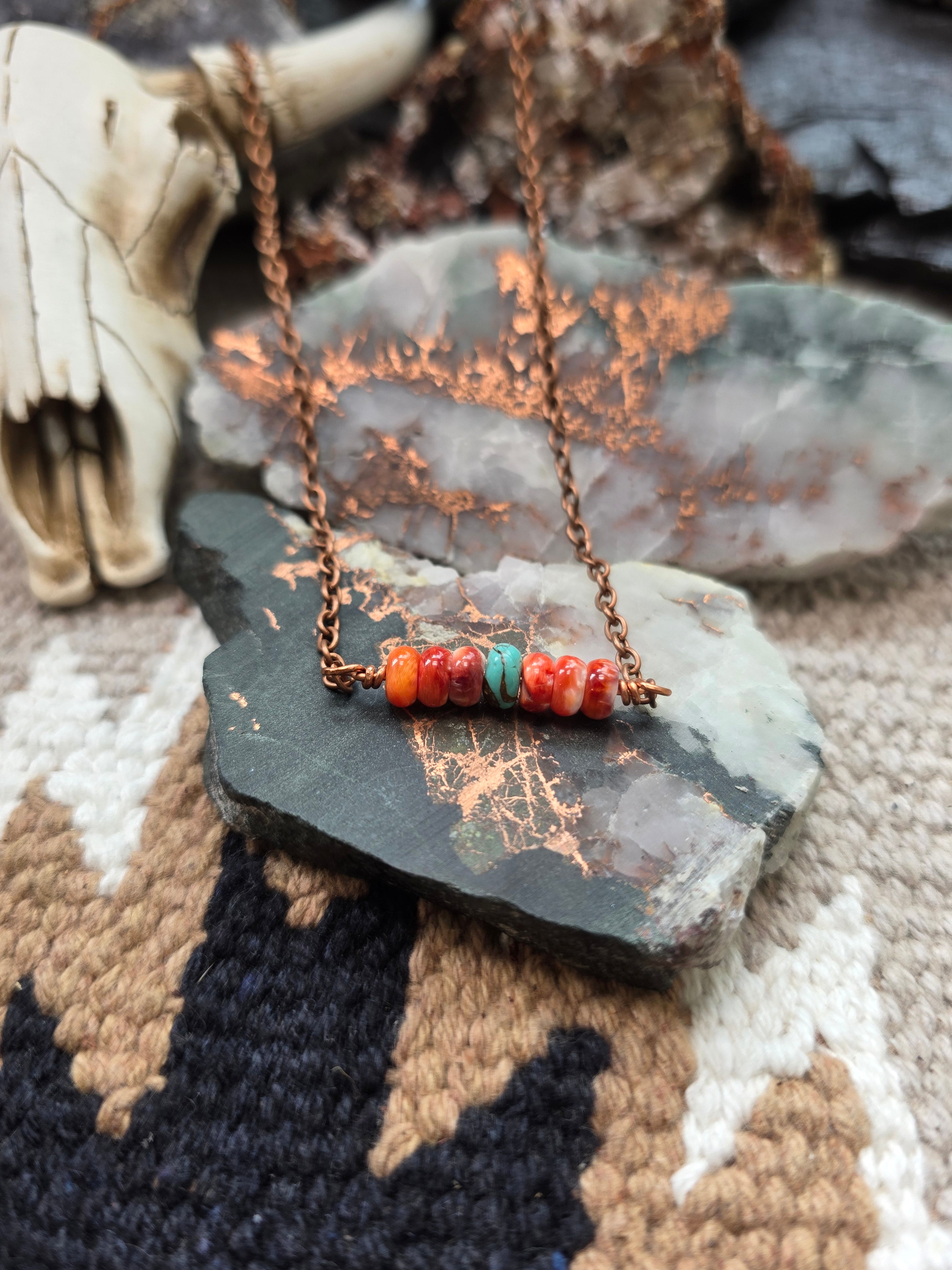 Handmade Kingman Turquoise & Spiny Oyster Bar Necklace - 18" Copper Chain