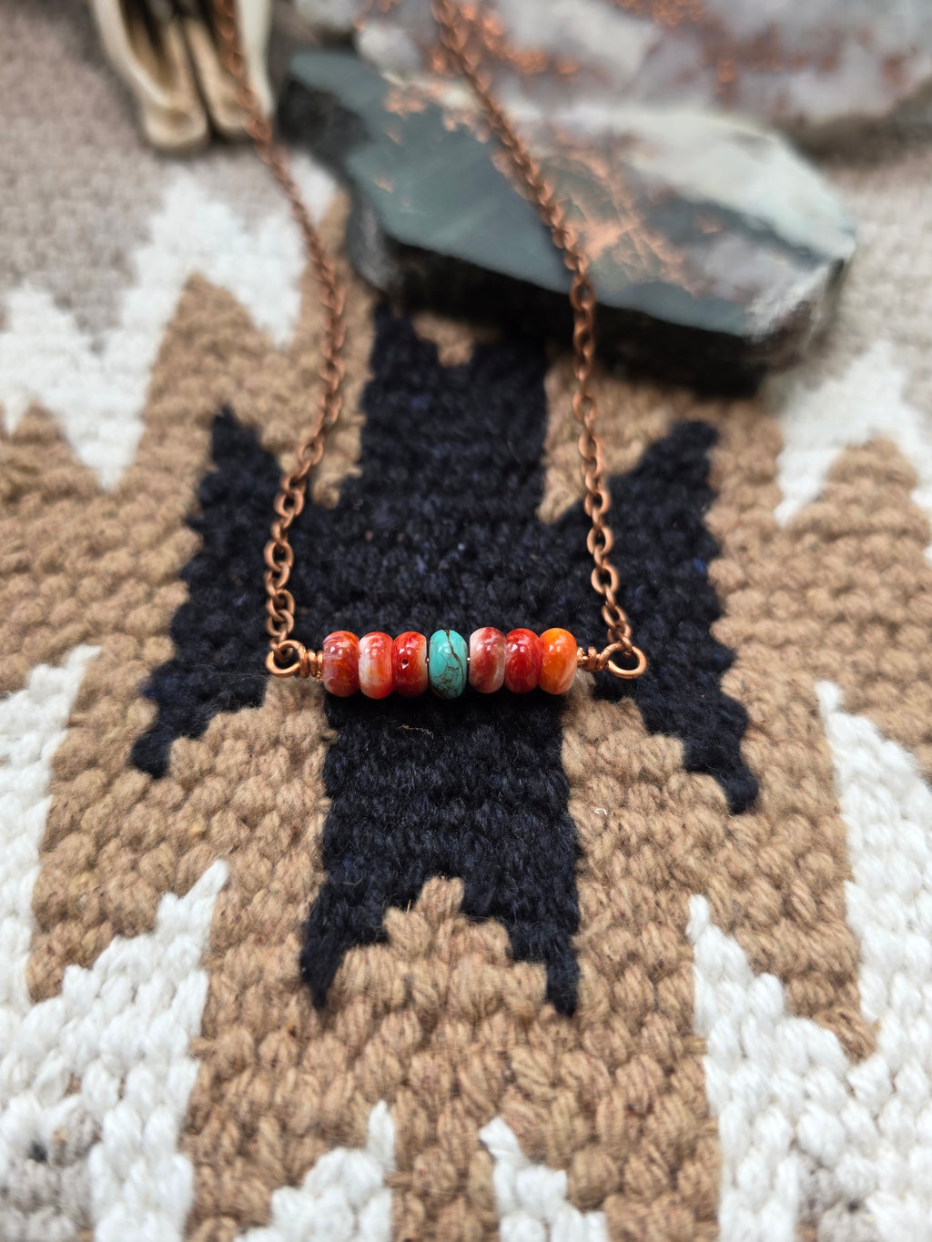 Handmade Kingman Turquoise & Spiny Oyster Bar Necklace - 18" Copper Chain