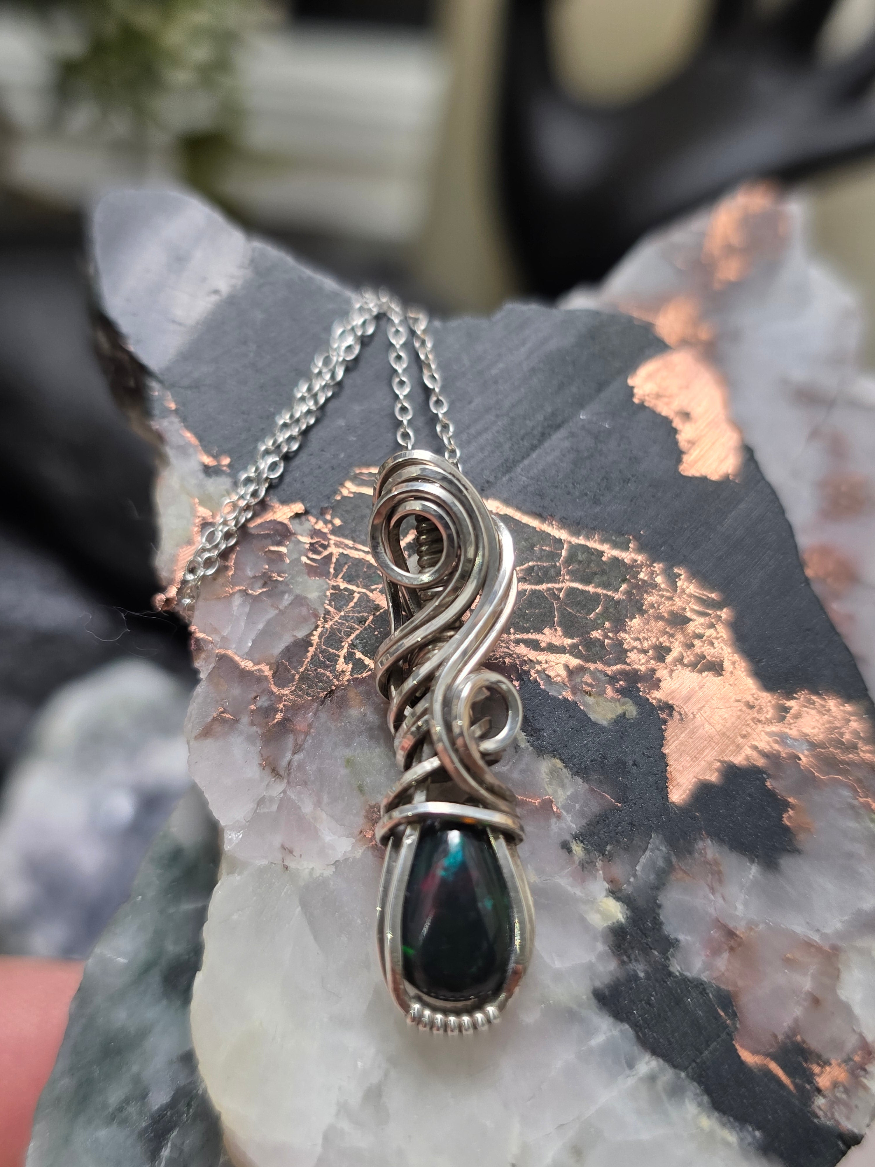 Elven Style Wrapped Black Opal in Sterling Silver