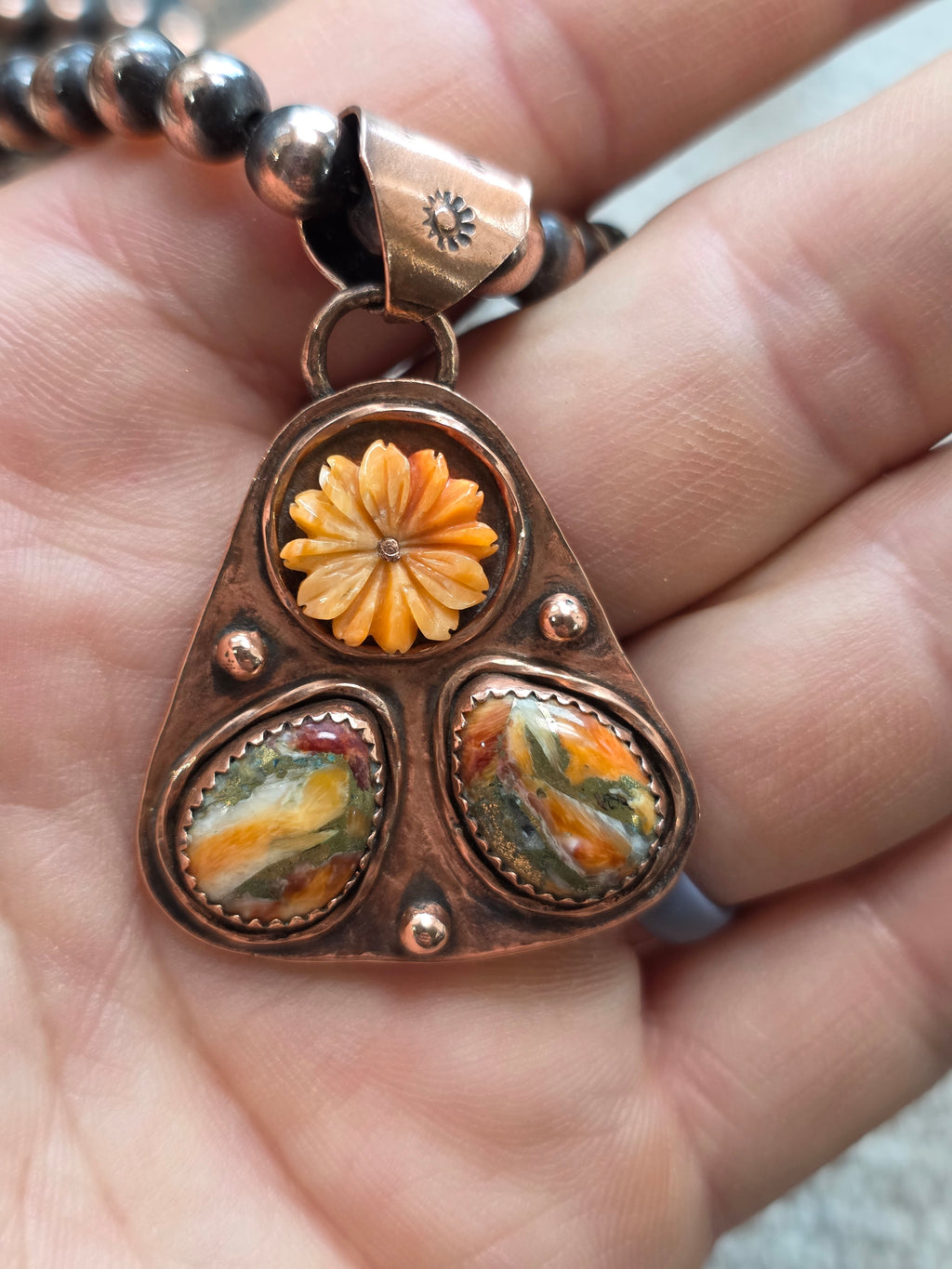 Handmade Copper Spiny Oyster Spinner Pendant | Artisan Signed Southwestern Jewelry