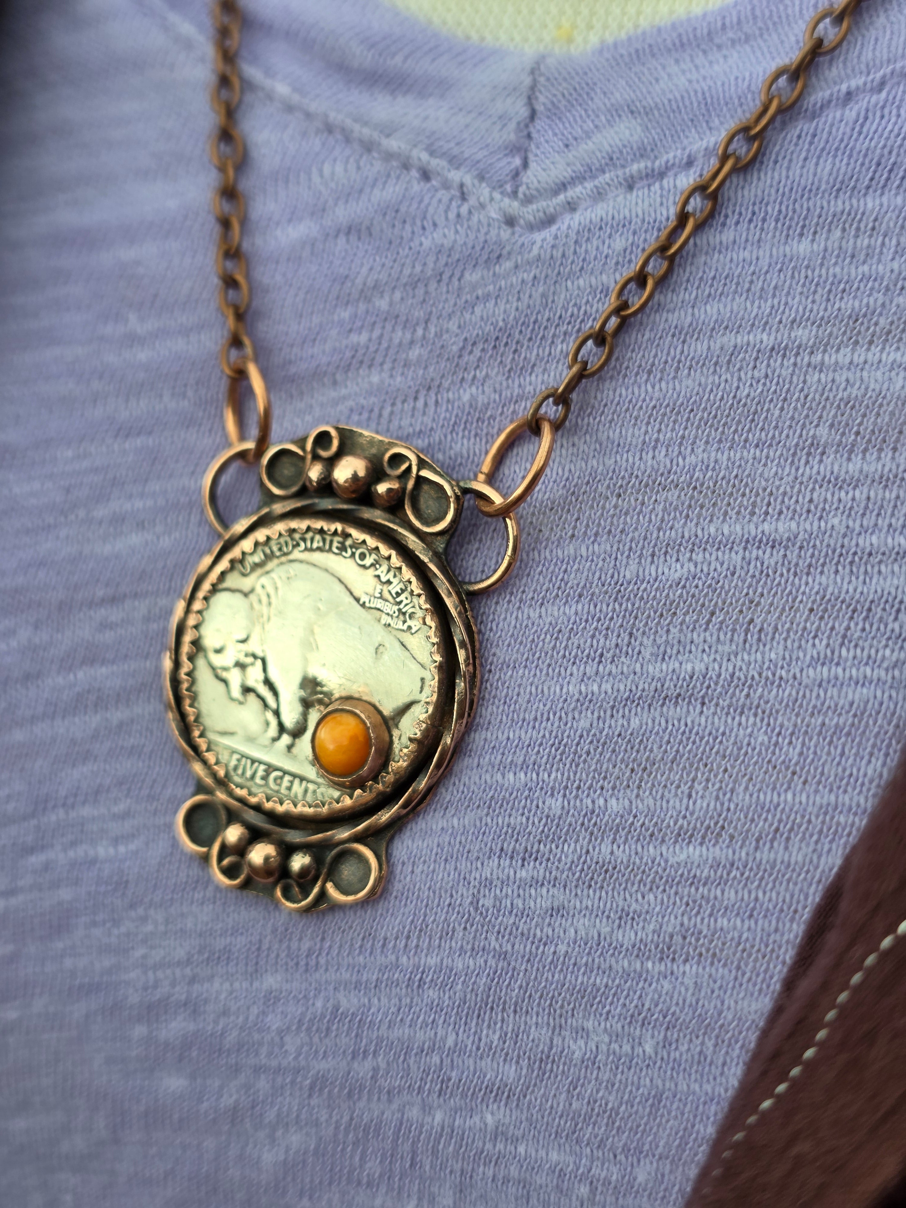 Copper Buffalo Nickel Necklace – Southwest Coin Pendant with Spiny Oyster – 18 Inch