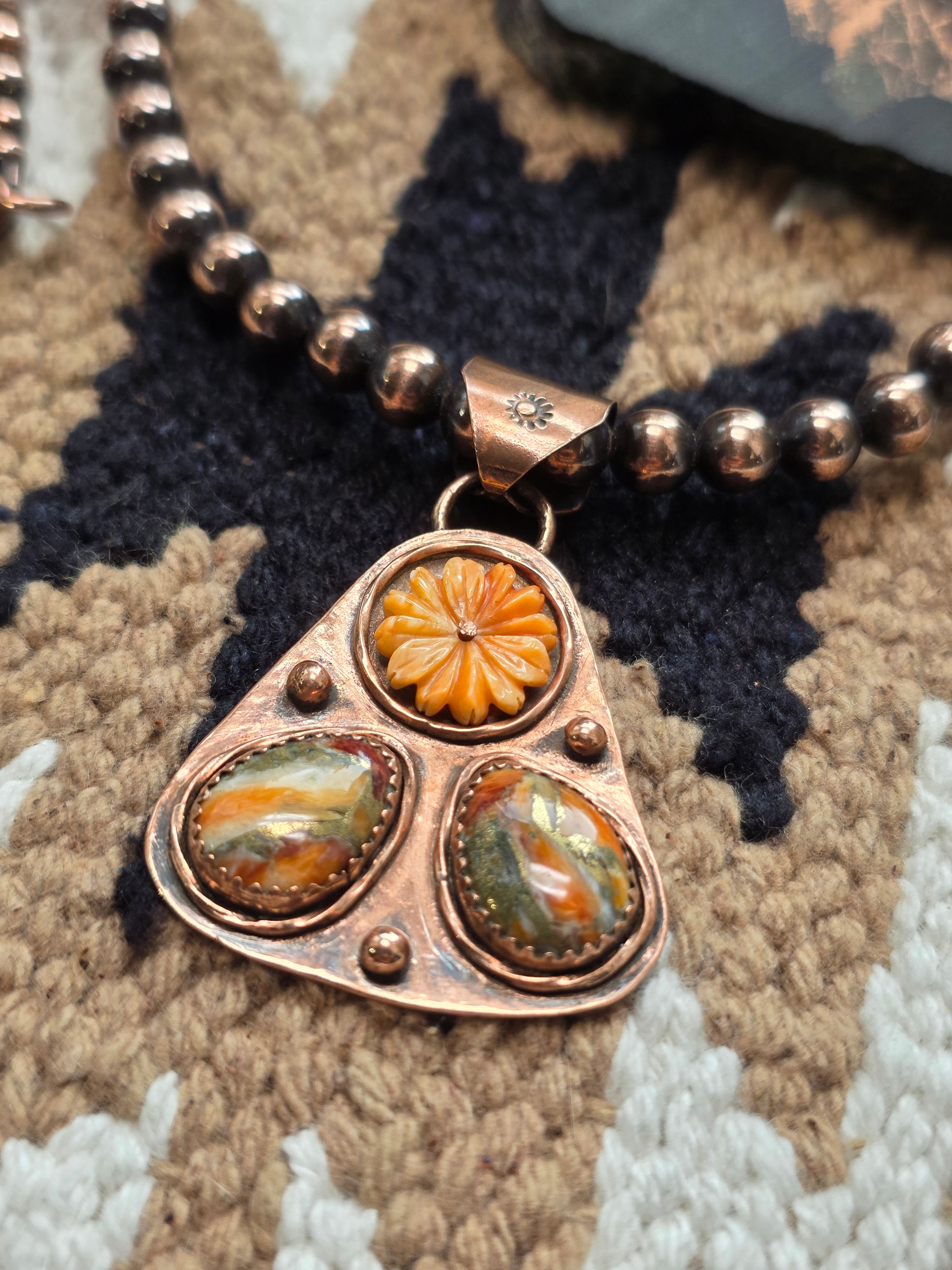 Handmade Copper Spiny Oyster Spinner Pendant | Artisan Signed Southwestern Jewelry