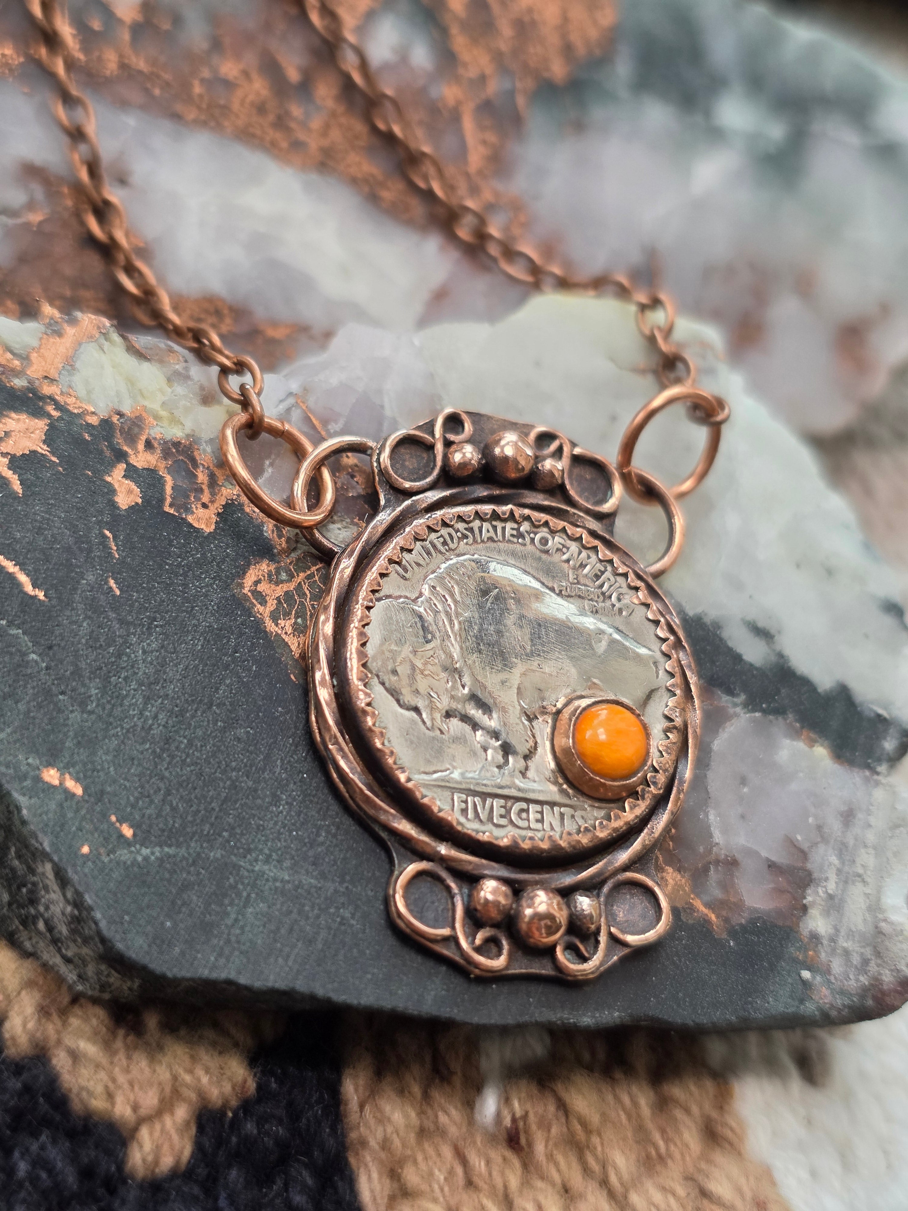 Copper Buffalo Nickel Necklace – Southwest Coin Pendant with Spiny Oyster – 18 Inch