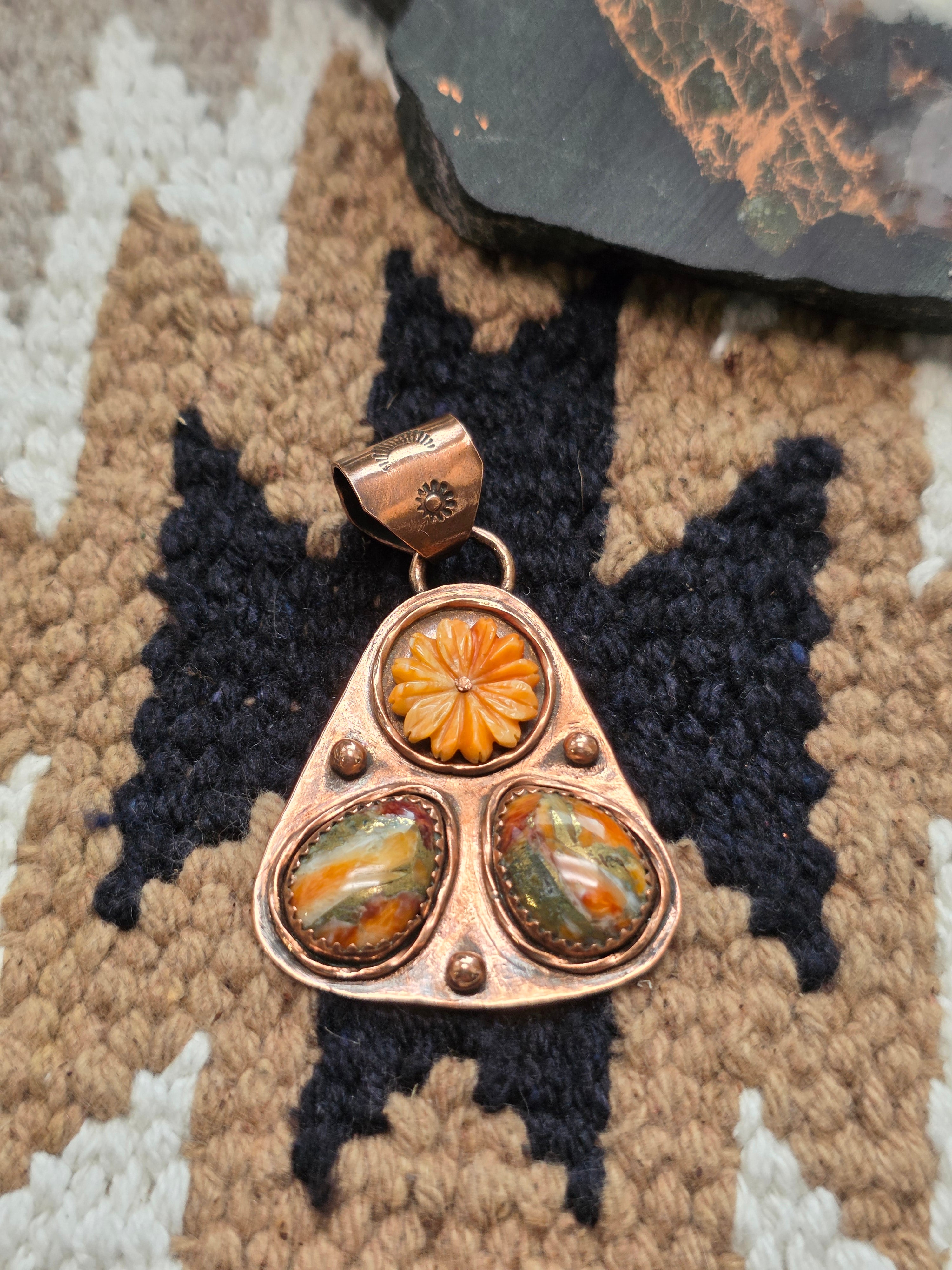 Handmade Copper Spiny Oyster Spinner Pendant | Artisan Signed Southwestern Jewelry