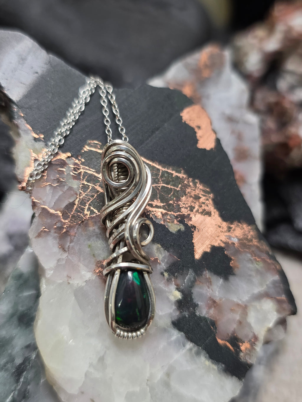 Elven Style Wrapped Black Opal in Sterling Silver