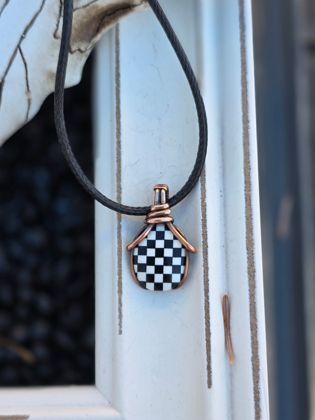 Checkered Onyx and Opal Pendant