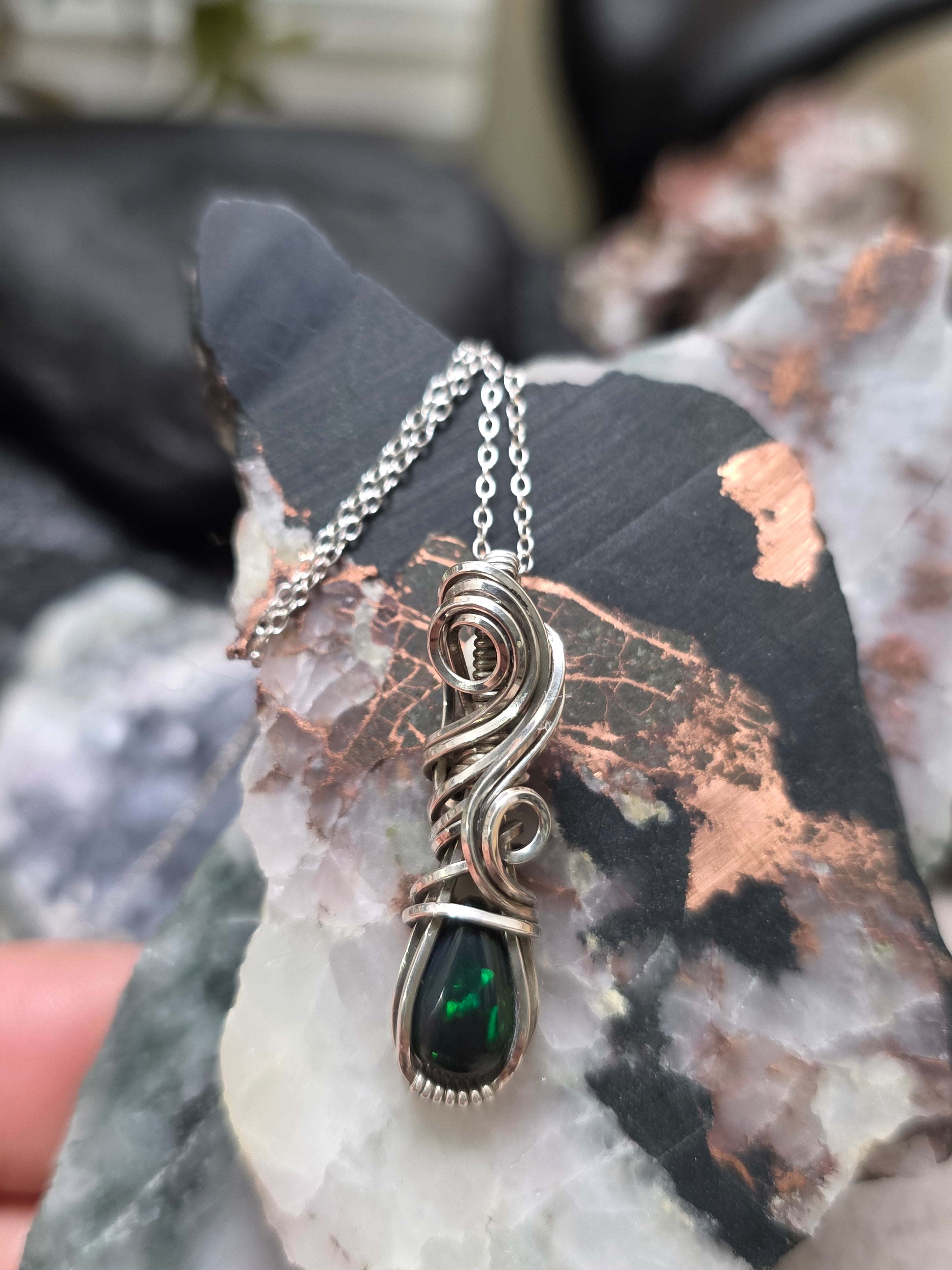Elven Style Wrapped Black Opal in Sterling Silver