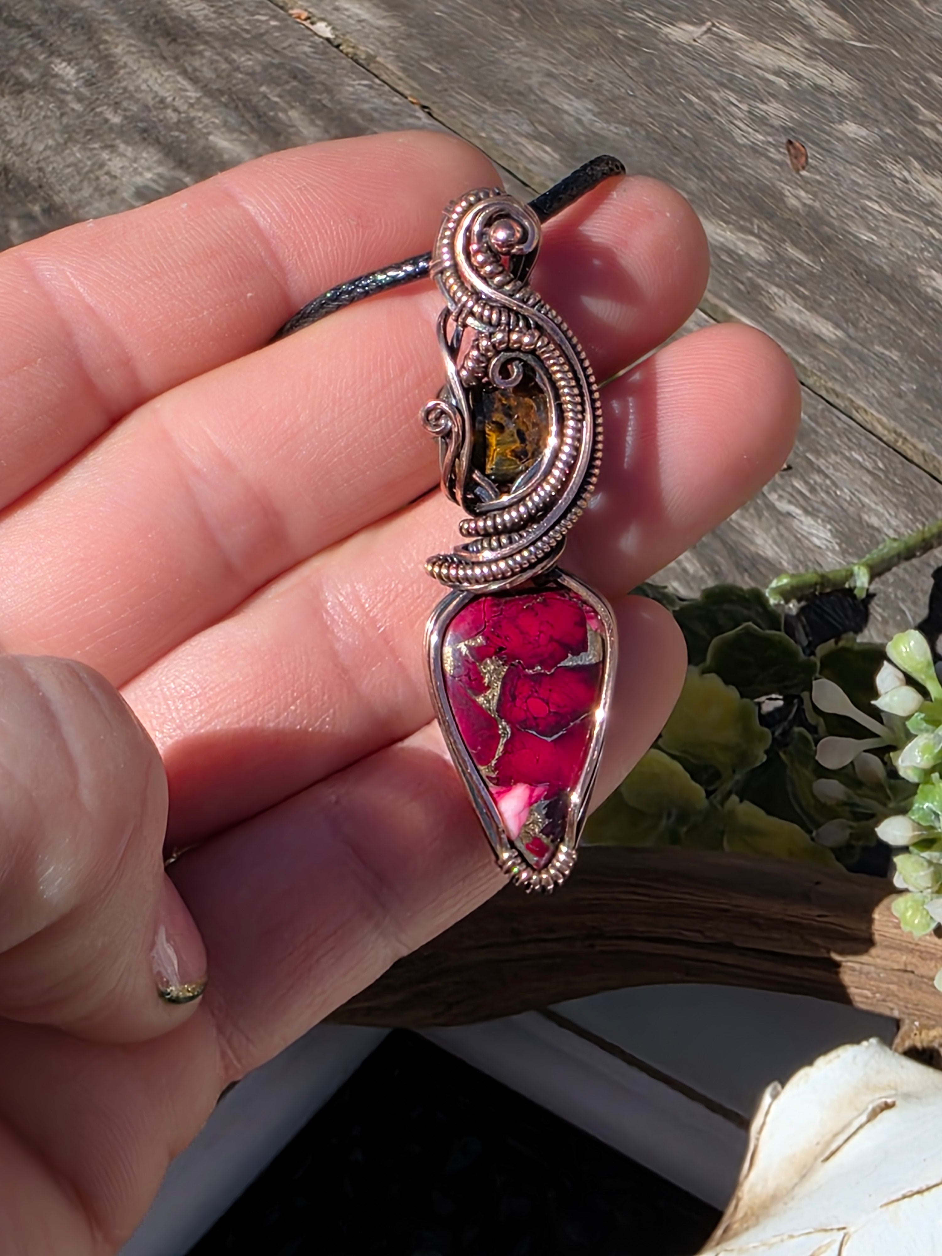 Pietersite & Rose Dahlia Turquoise Copper Pendant – Handwoven Wire Wrap, One of a Kind