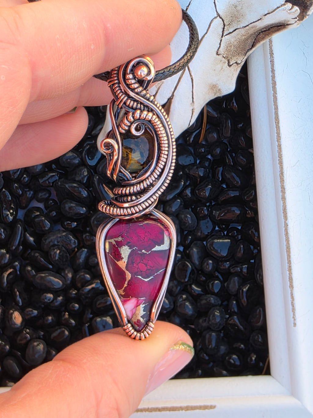 Pietersite & Rose Dahlia Turquoise Copper Pendant – Handwoven Wire Wrap, One of a Kind