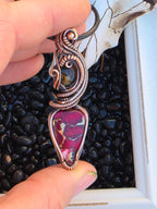 Pietersite & Rose Dahlia Turquoise Copper Pendant – Handwoven Wire Wrap, One of a Kind