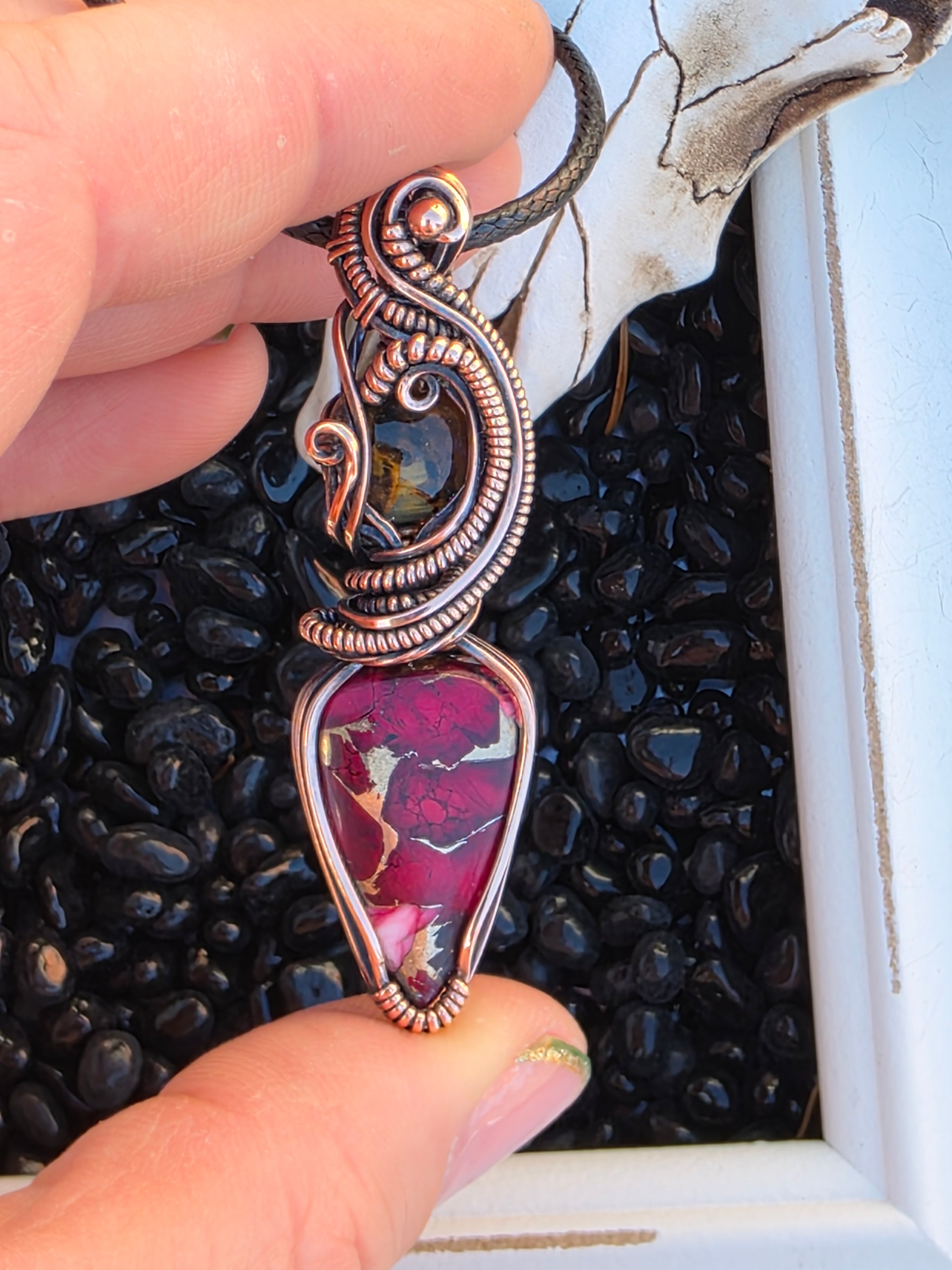 Pietersite & Rose Dahlia Turquoise Copper Pendant – Handwoven Wire Wrap, One of a Kind