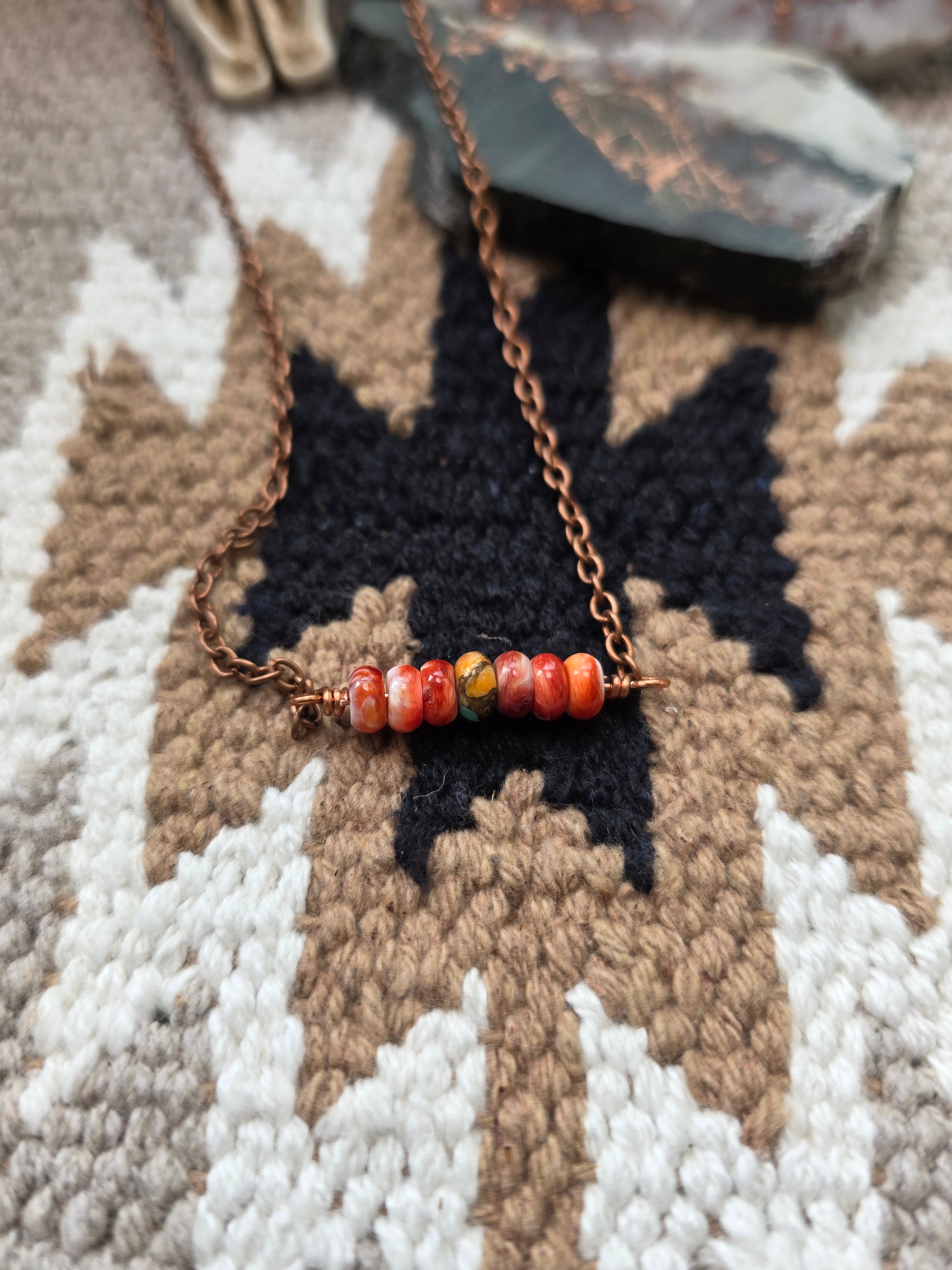 Handmade Kingman Turquoise & Spiny Oyster Bar Necklace - 18" Copper Chain