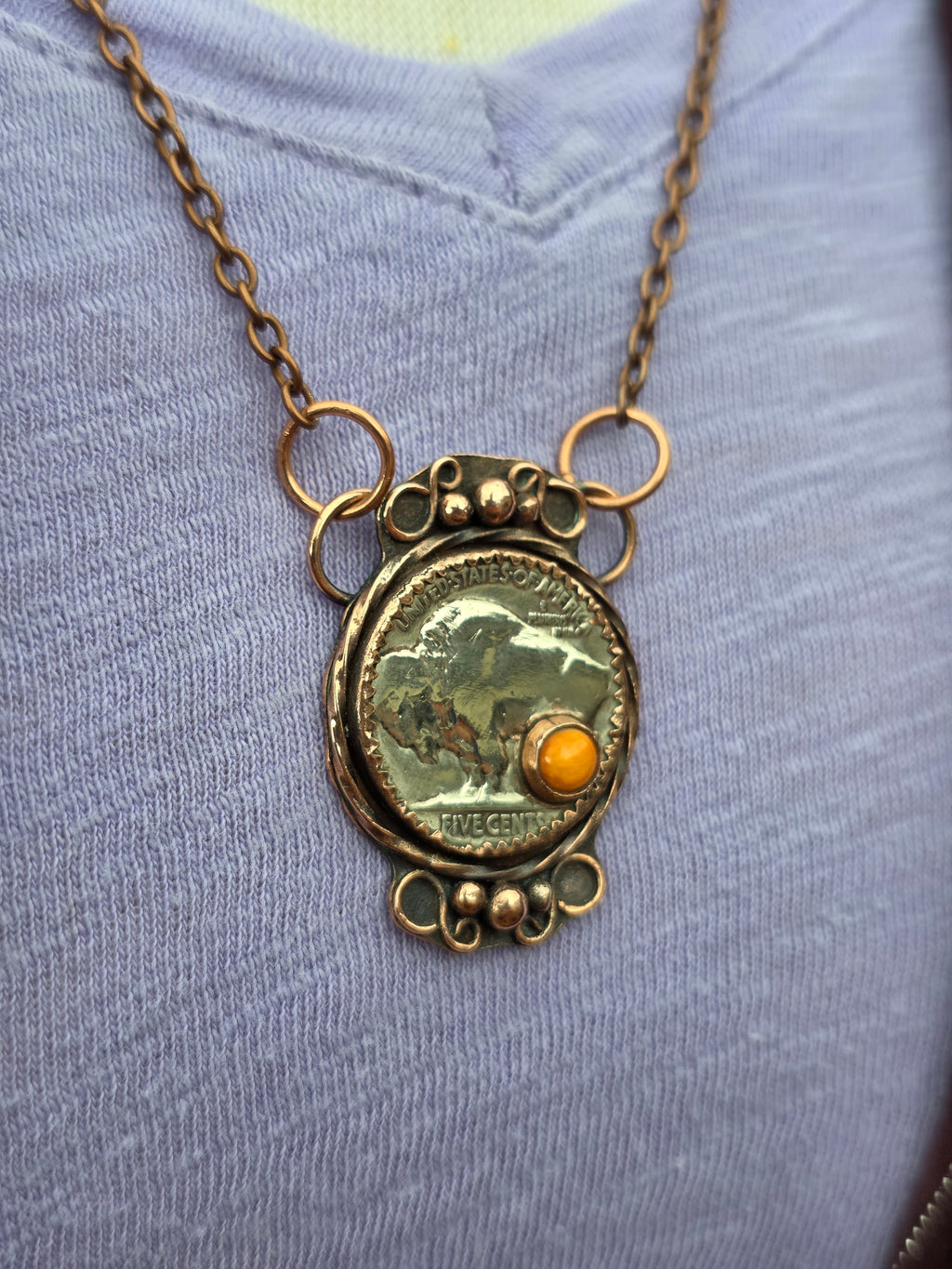 Copper Buffalo Nickel Necklace – Southwest Coin Pendant with Spiny Oyster – 18 Inch