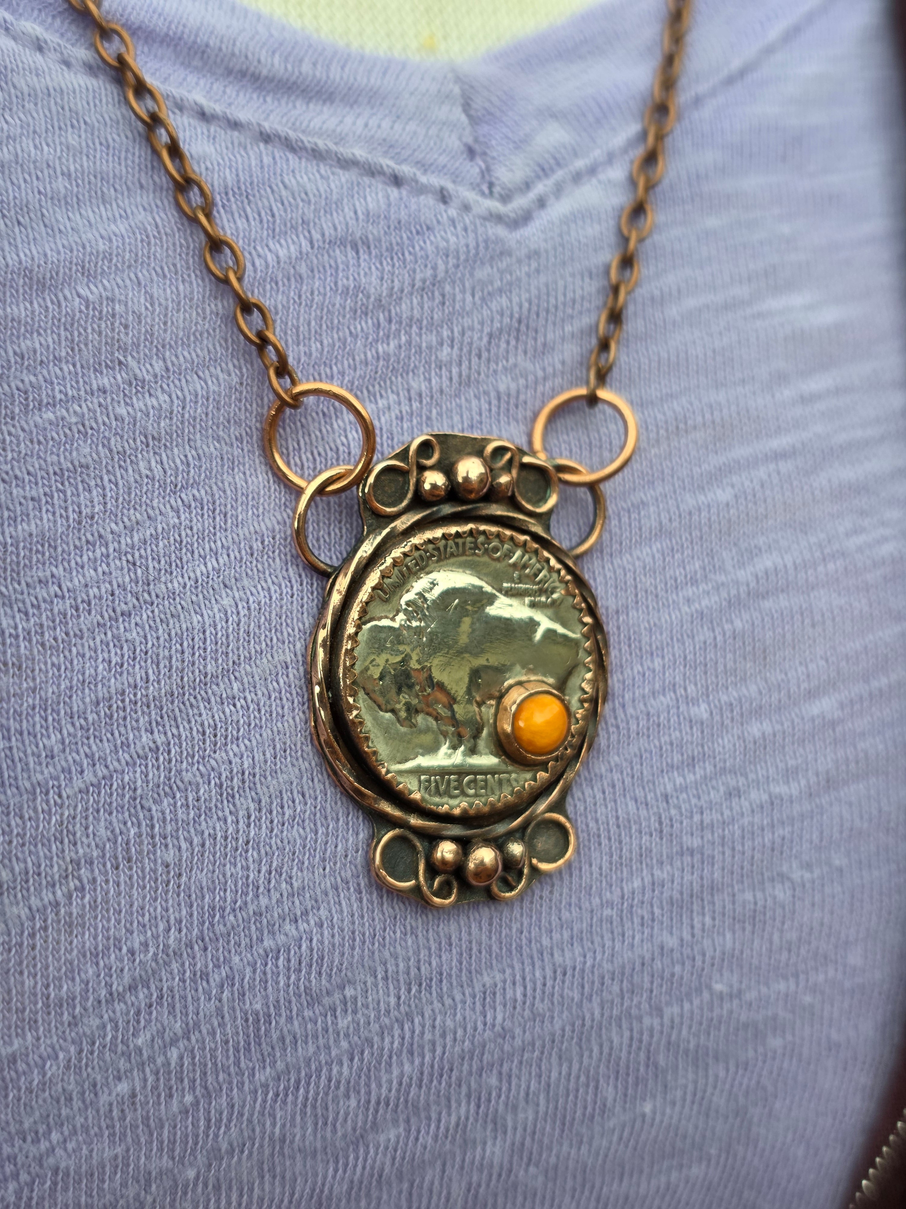 Copper Buffalo Nickel Necklace – Southwest Coin Pendant with Spiny Oyster – 18 Inch