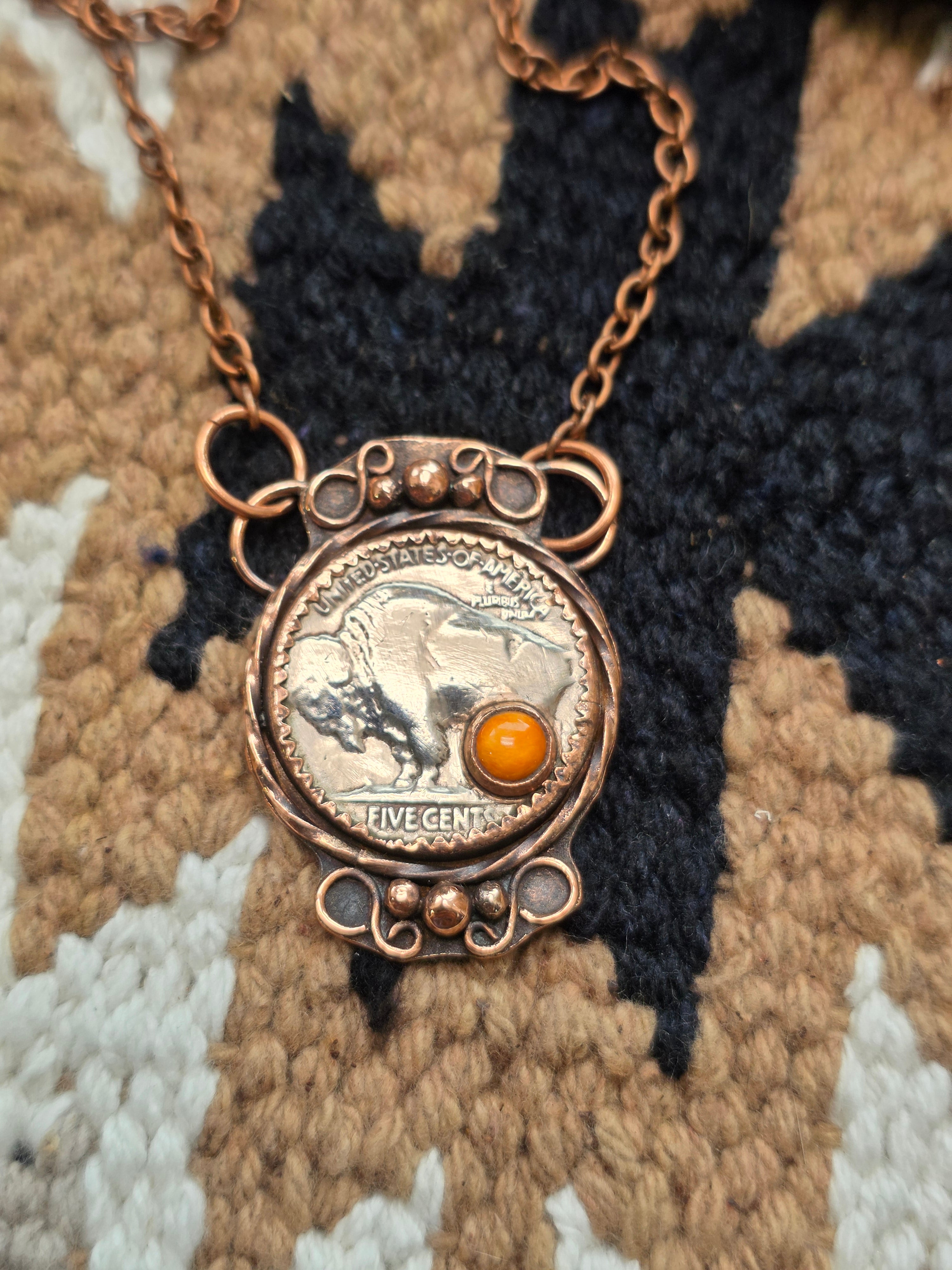 Copper Buffalo Nickel Necklace – Southwest Coin Pendant with Spiny Oyster – 18 Inch