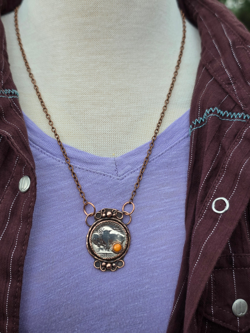 Copper Buffalo Nickel Necklace – Southwest Coin Pendant with Spiny Oyster – 18 Inch