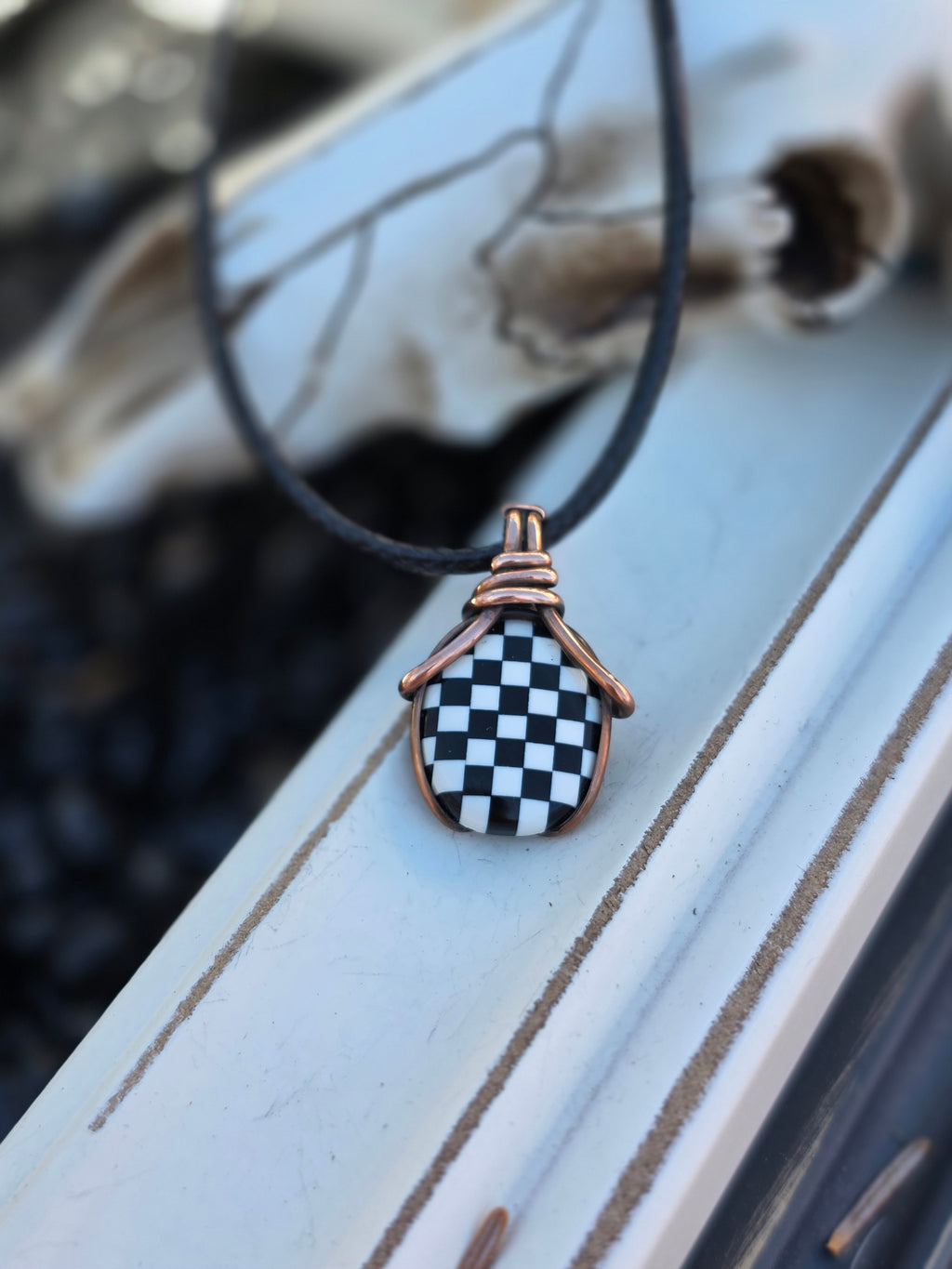 Checkered Onyx and Opal Pendant