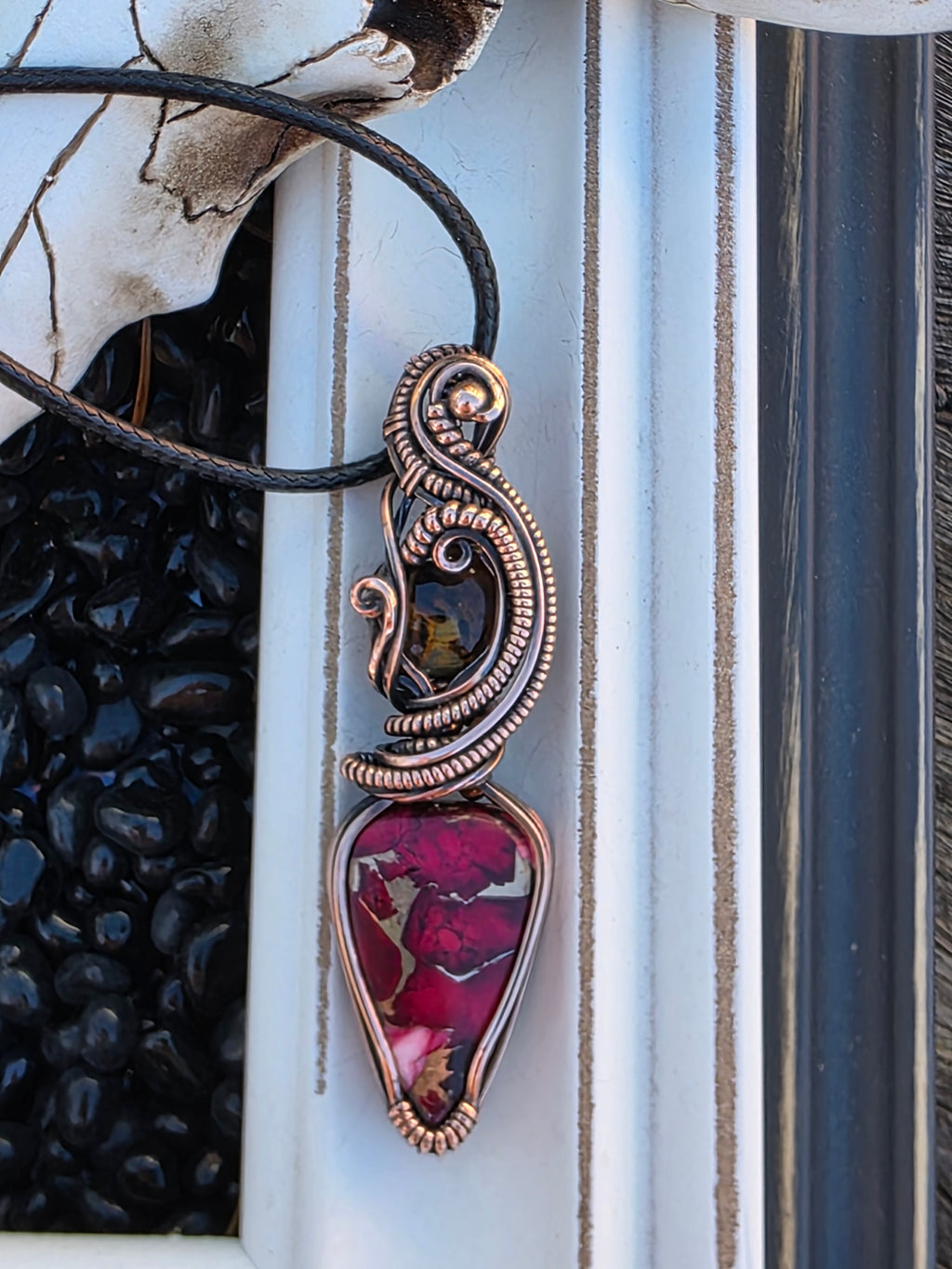 Pietersite & Rose Dahlia Turquoise Copper Pendant – Handwoven Wire Wrap, One of a Kind