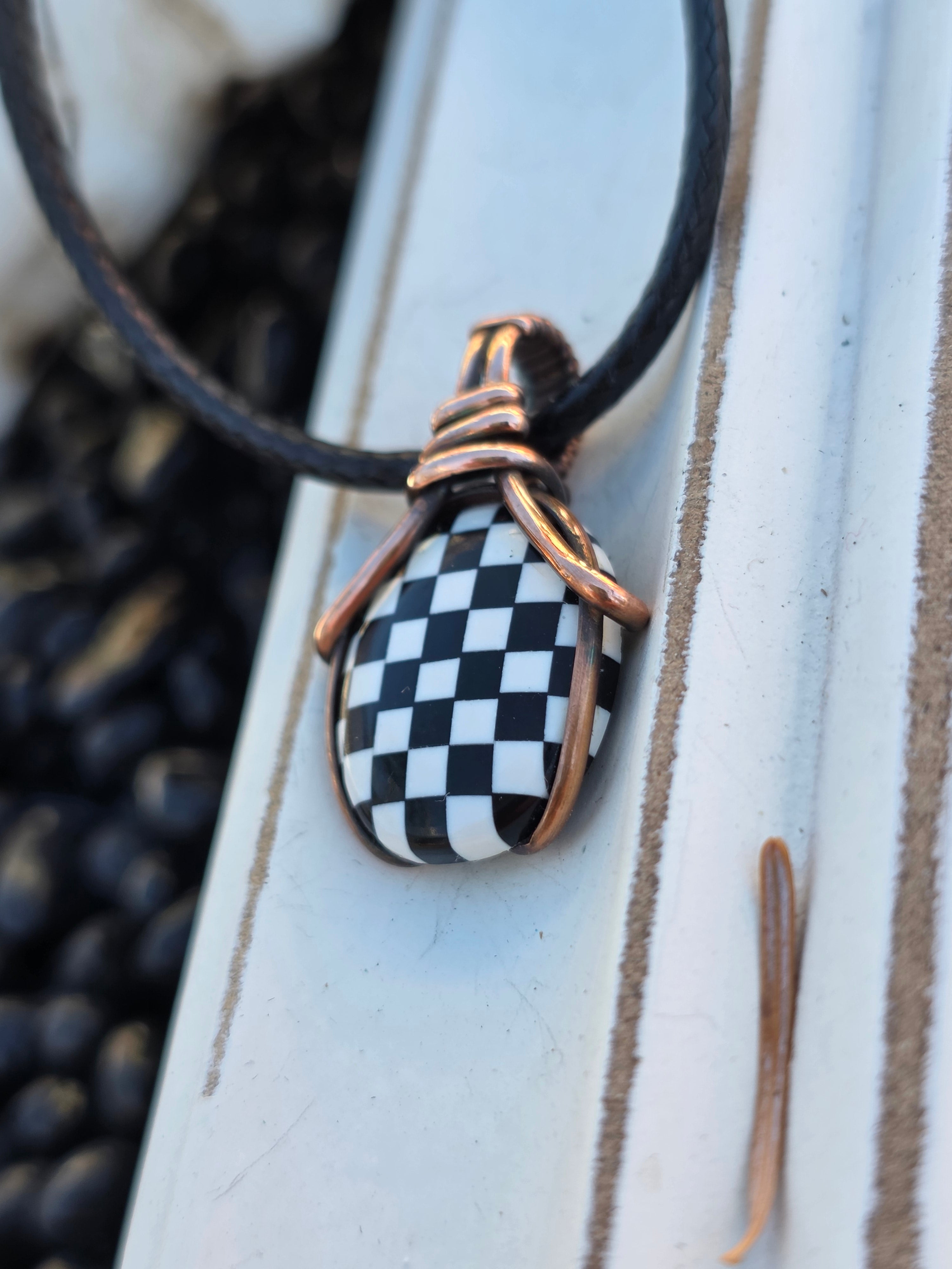 Checkered Onyx and Opal Pendant
