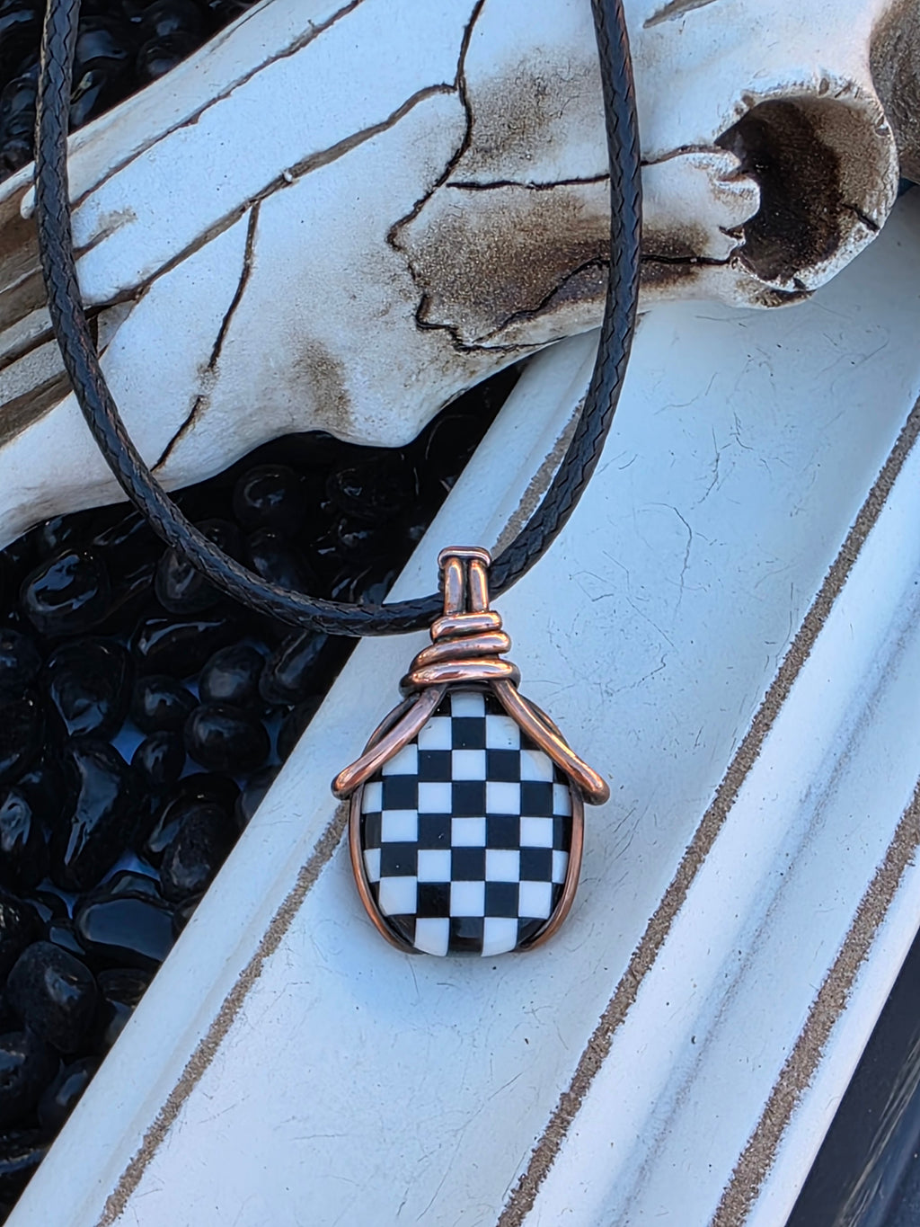 Checkered Onyx and Opal Pendant