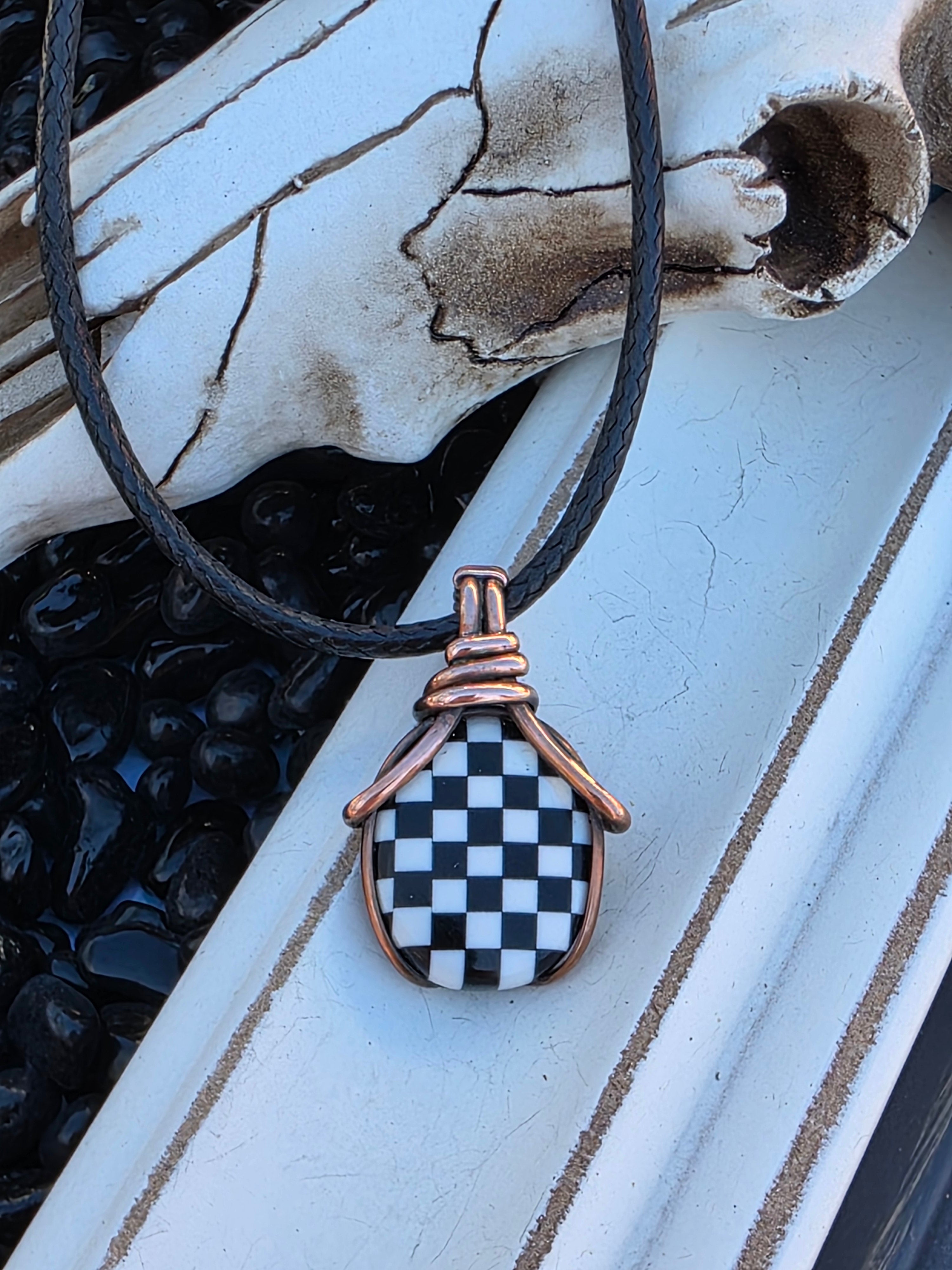 Checkered Onyx and Opal Pendant