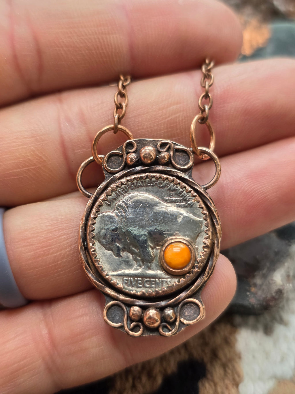 Copper Buffalo Nickel Necklace – Southwest Coin Pendant with Spiny Oyster – 18 Inch